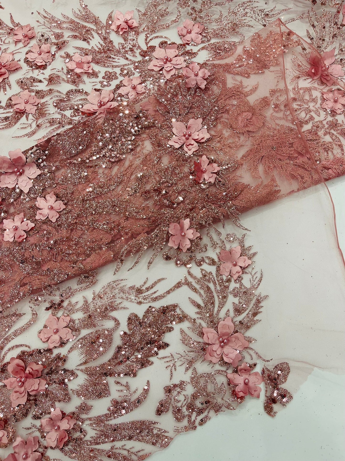 3D Floral Big Glitter Damask Design On A Mesh Lace 54" Wide| New Creations Fabric & Foam Inc. - New Creations Fabric & Foam Inc