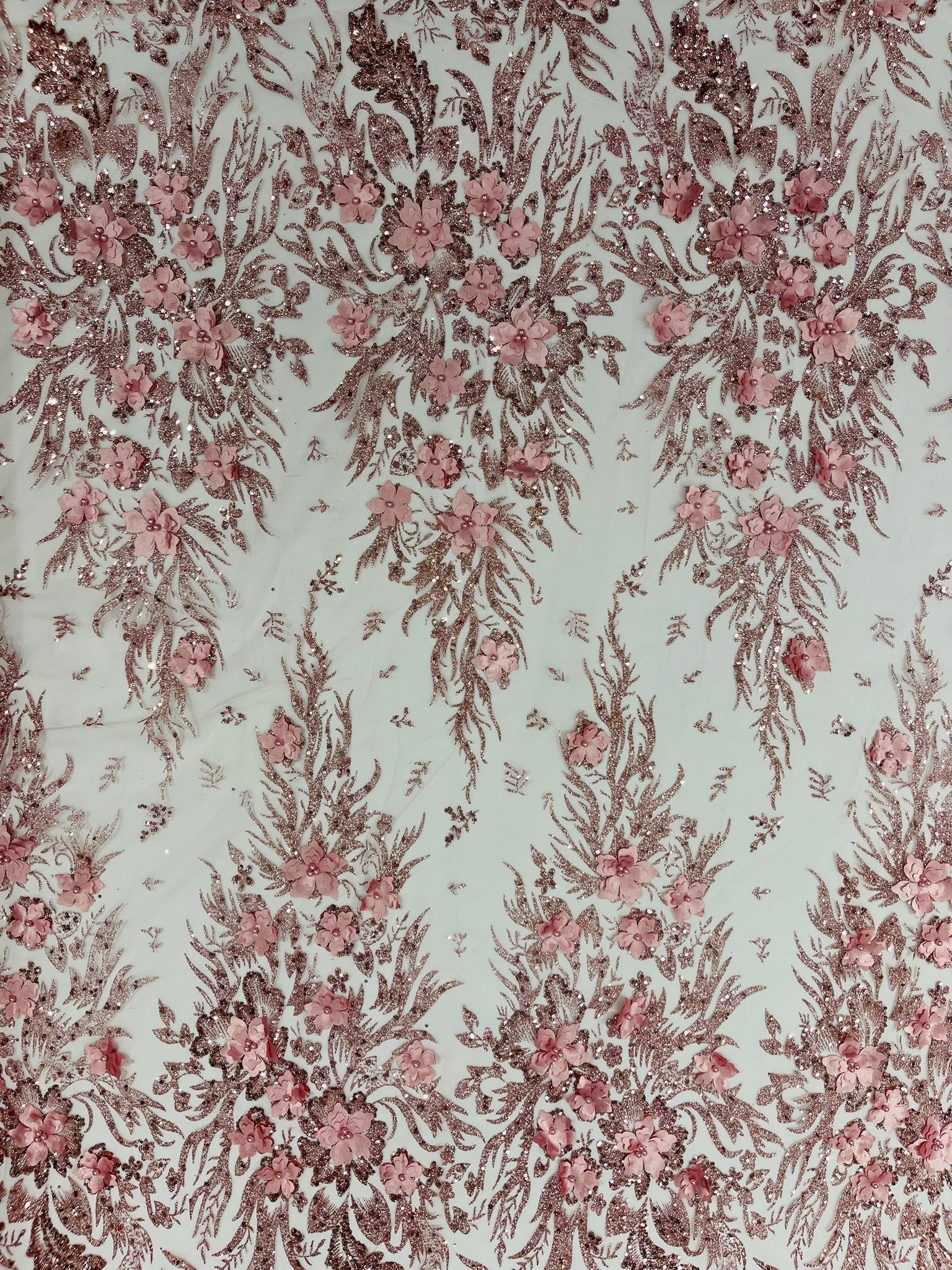 3D Floral Big Glitter Damask Design On A Mesh Lace 54" Wide| New Creations Fabric & Foam Inc. - New Creations Fabric & Foam Inc