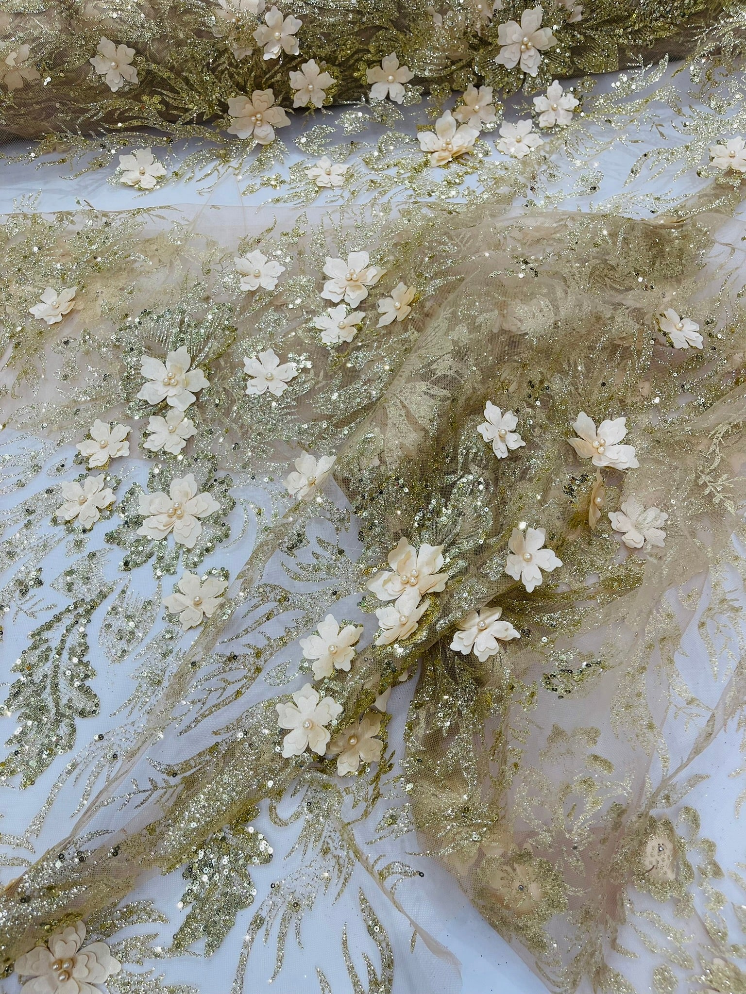 3D Floral Big Glitter Damask Design On A Mesh Lace 54" Wide| New Creations Fabric & Foam Inc. - New Creations Fabric & Foam Inc