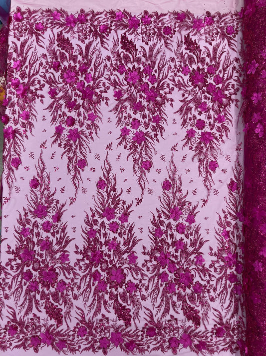 3D Floral Big Glitter Damask Design On A Mesh Lace 54" Wide| New Creations Fabric & Foam Inc. - New Creations Fabric & Foam Inc