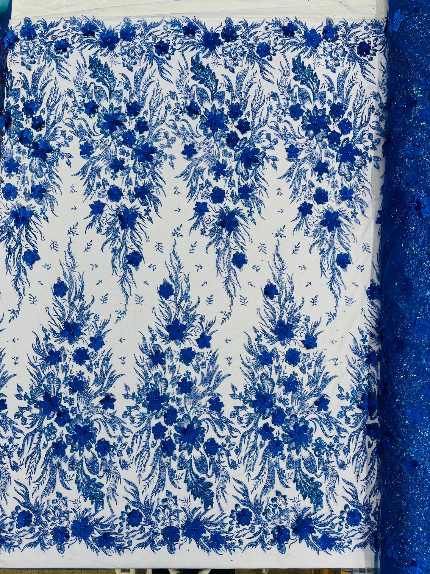 3D Floral Big Glitter Damask Design On A Mesh Lace 54" Wide| New Creations Fabric & Foam Inc. - New Creations Fabric & Foam Inc