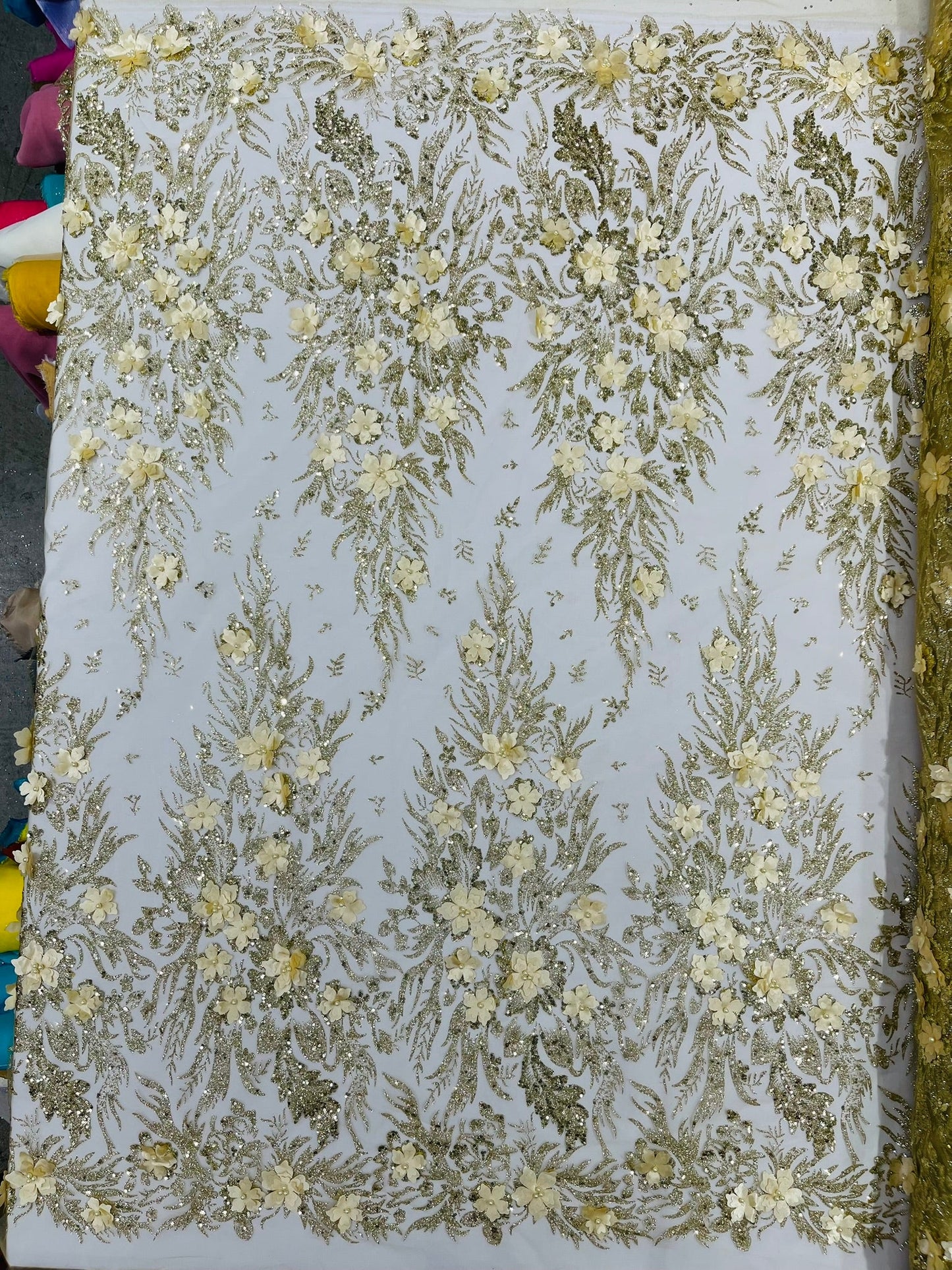 3D Floral Big Glitter Damask Design On A Mesh Lace 54" Wide| New Creations Fabric & Foam Inc. - New Creations Fabric & Foam Inc