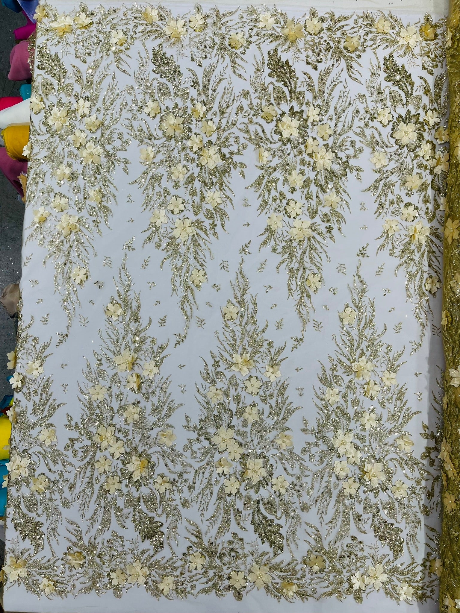 3D Floral Big Glitter Damask Design On A Mesh Lace 54" Wide| New Creations Fabric & Foam Inc. - New Creations Fabric & Foam Inc