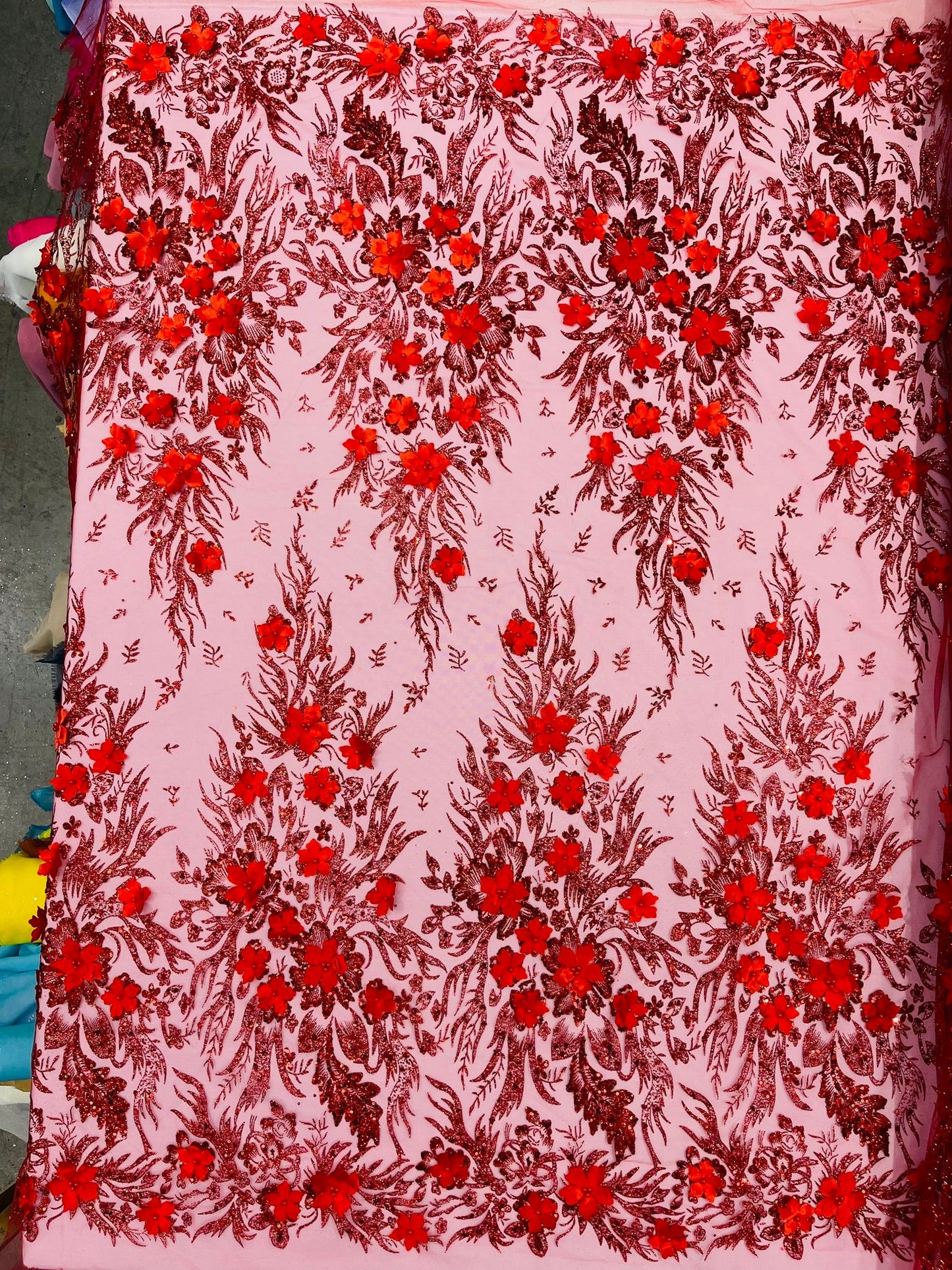 3D Floral Big Glitter Damask Design On A Mesh Lace 54" Wide| New Creations Fabric & Foam Inc. - New Creations Fabric & Foam Inc