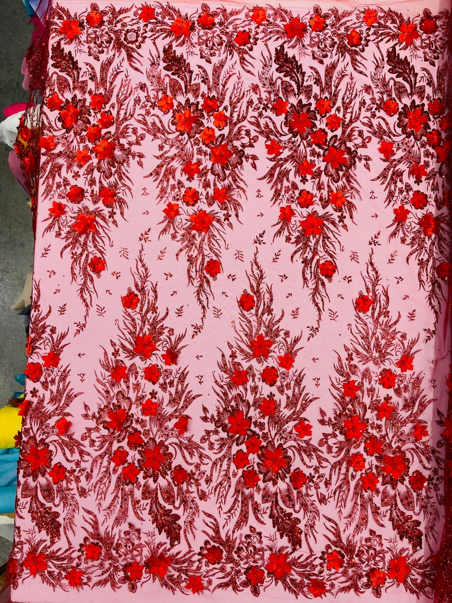 3D Floral Big Glitter Damask Design On A Mesh Lace 54" Wide| New Creations Fabric & Foam Inc. - New Creations Fabric & Foam Inc