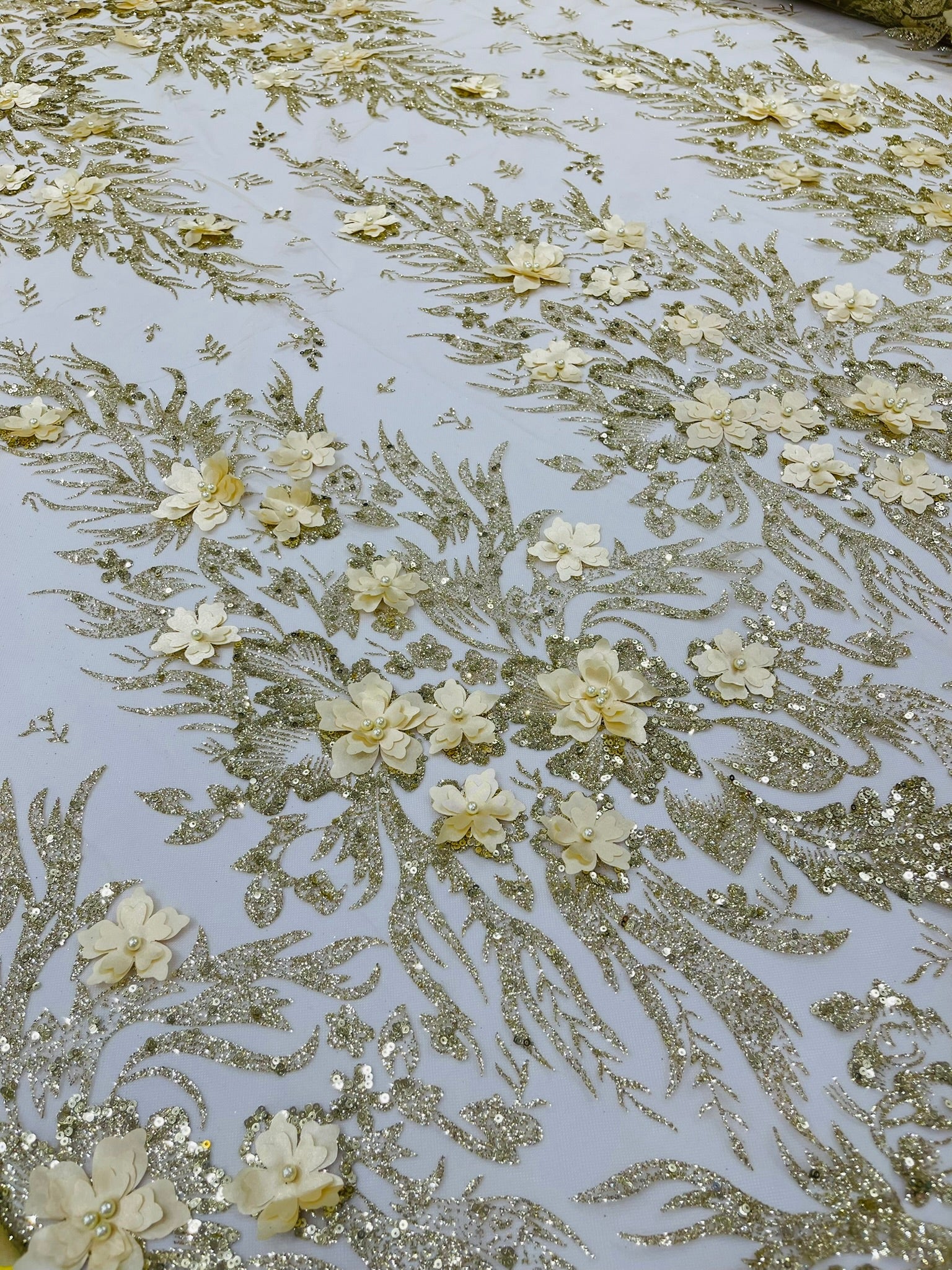 3D Floral Big Glitter Damask Design On A Mesh Lace 54" Wide| New Creations Fabric & Foam Inc. - New Creations Fabric & Foam Inc