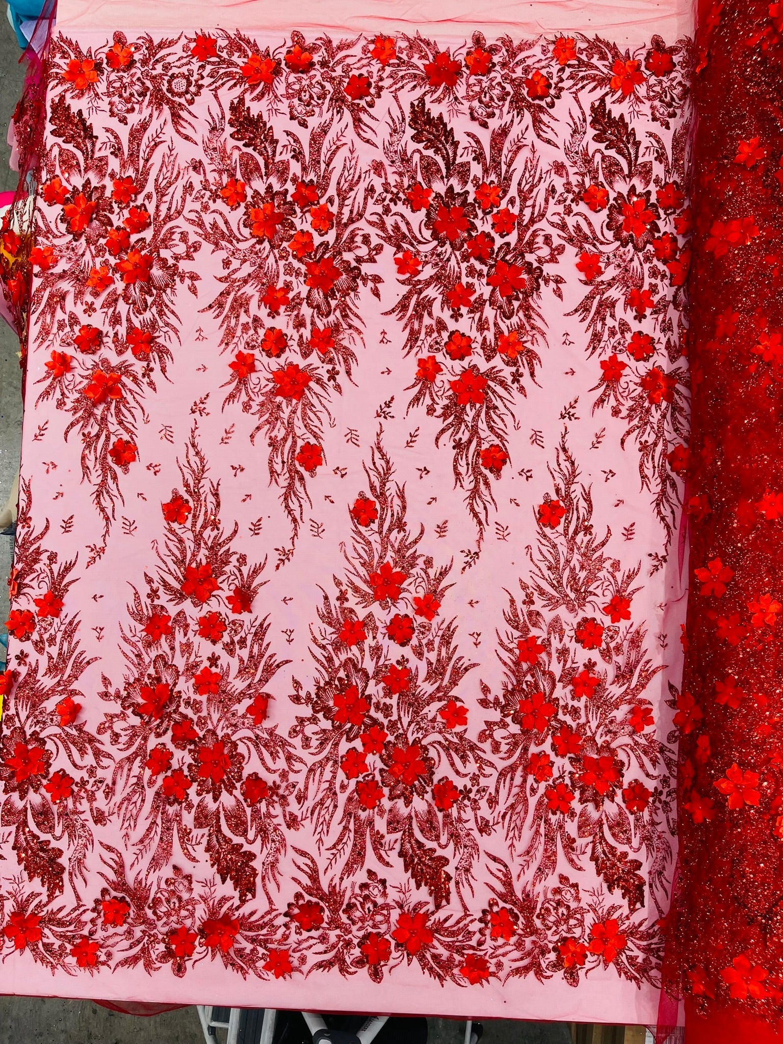 3D Floral Big Glitter Damask Design On A Mesh Lace 54" Wide| New Creations Fabric & Foam Inc. - New Creations Fabric & Foam Inc