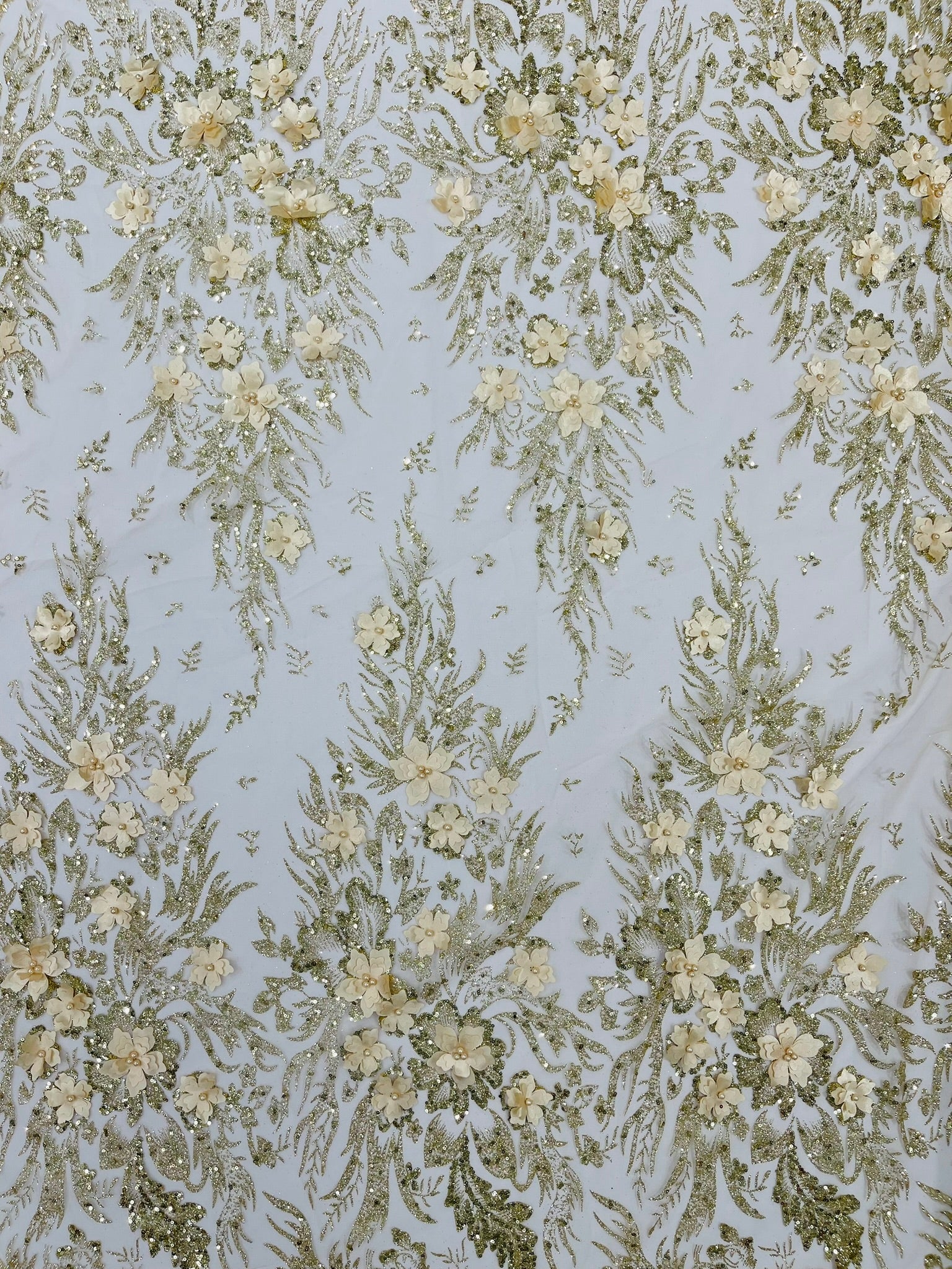 3D Floral Big Glitter Damask Design On A Mesh Lace 54" Wide| New Creations Fabric & Foam Inc. - New Creations Fabric & Foam Inc