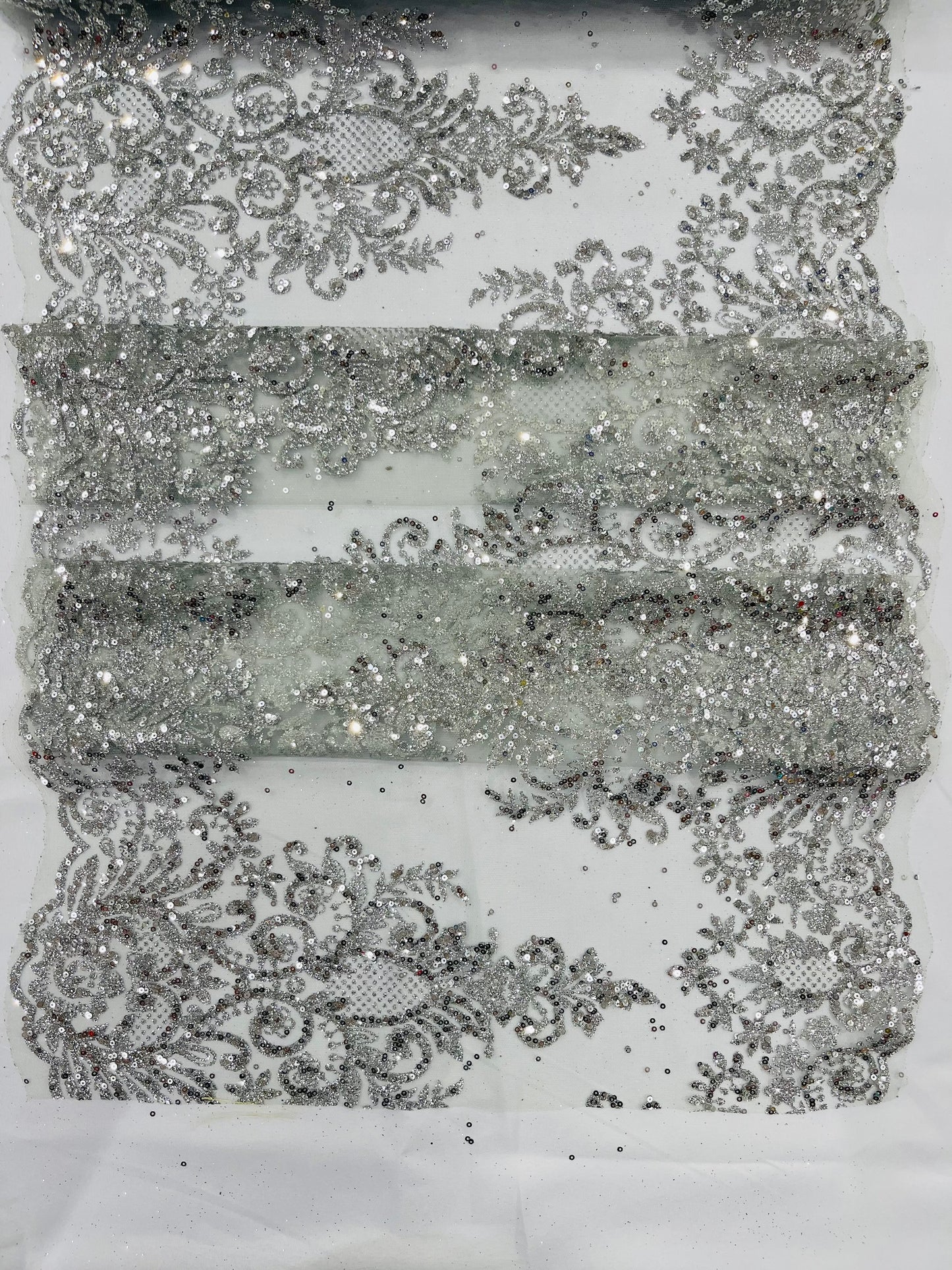 Trim Glitter Damask Design On A Mesh Lace| 20" Wide | appeal Fabric| Sold By The Yard.