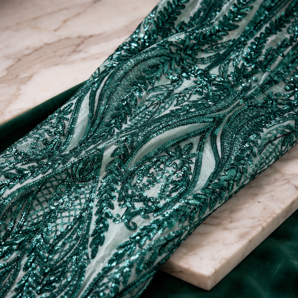 Damask Sequin Stretch Mesh Fabric by the Yard 54” Wide – Floral Iridescent Sequin Fabric for Prom Dresses, Evening Gowns, Bridal Wear & Luxury Fashion