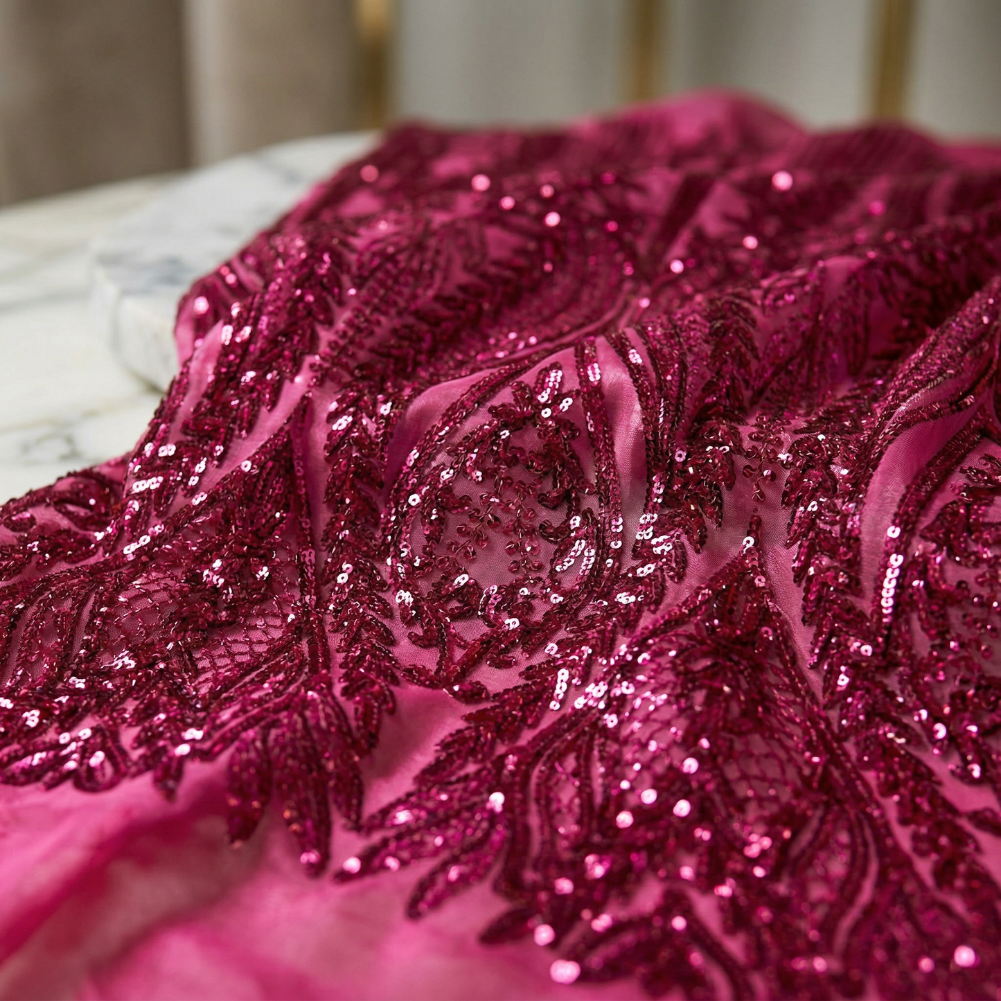 Damask Sequin Stretch Mesh Fabric by the Yard 54” Wide – Floral Iridescent Sequin Fabric for Prom Dresses, Evening Gowns, Bridal Wear & Luxury Fashion