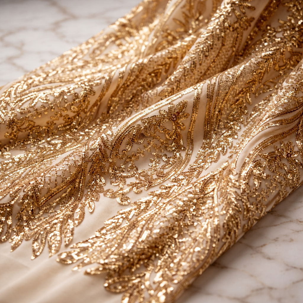 Damask Sequin Stretch Mesh Fabric by the Yard 54” Wide – Floral Iridescent Sequin Fabric for Prom Dresses, Evening Gowns, Bridal Wear & Luxury Fashion