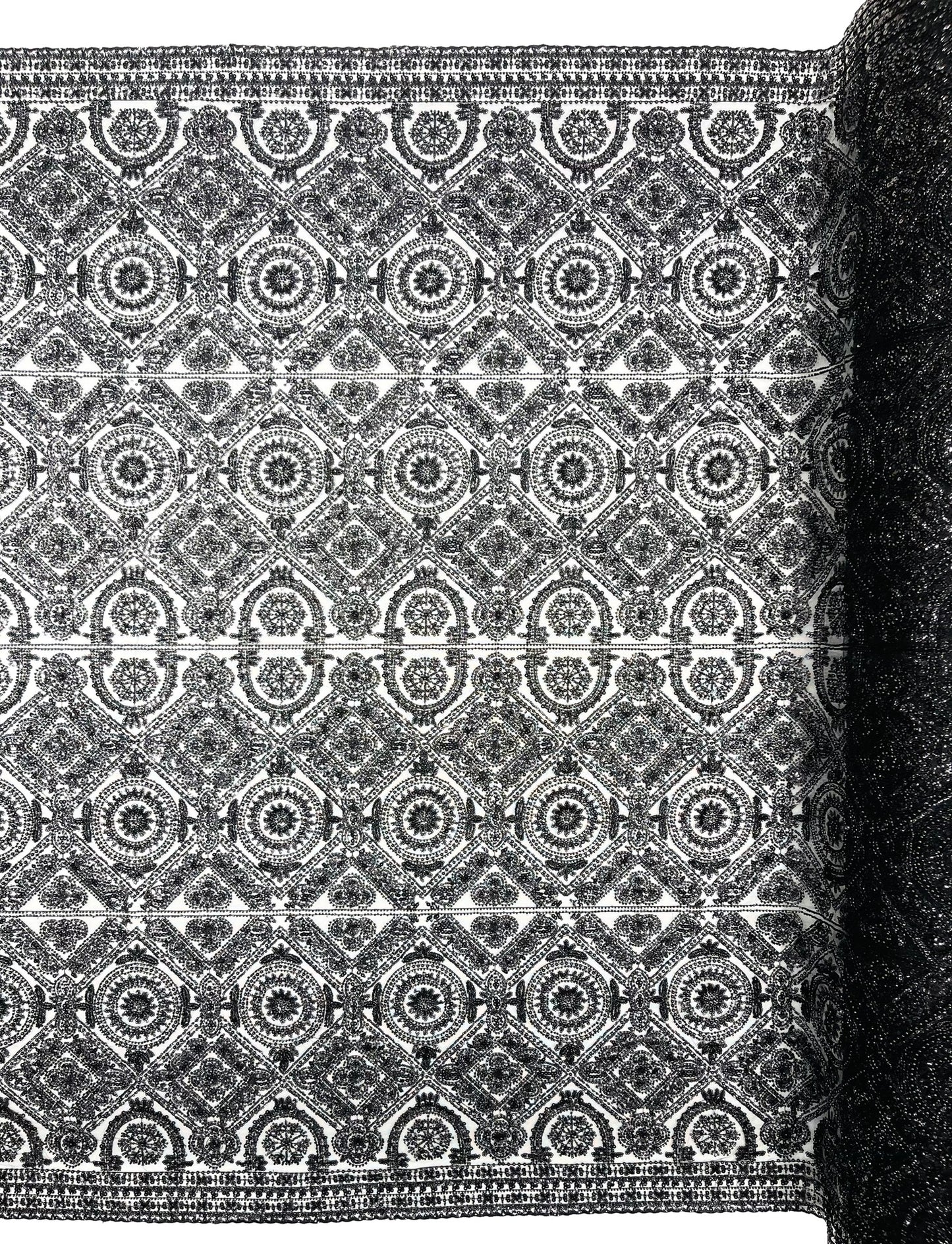 Beaded Lace Fabric, Heavy Embroidered Geometric Design on 58" Mesh