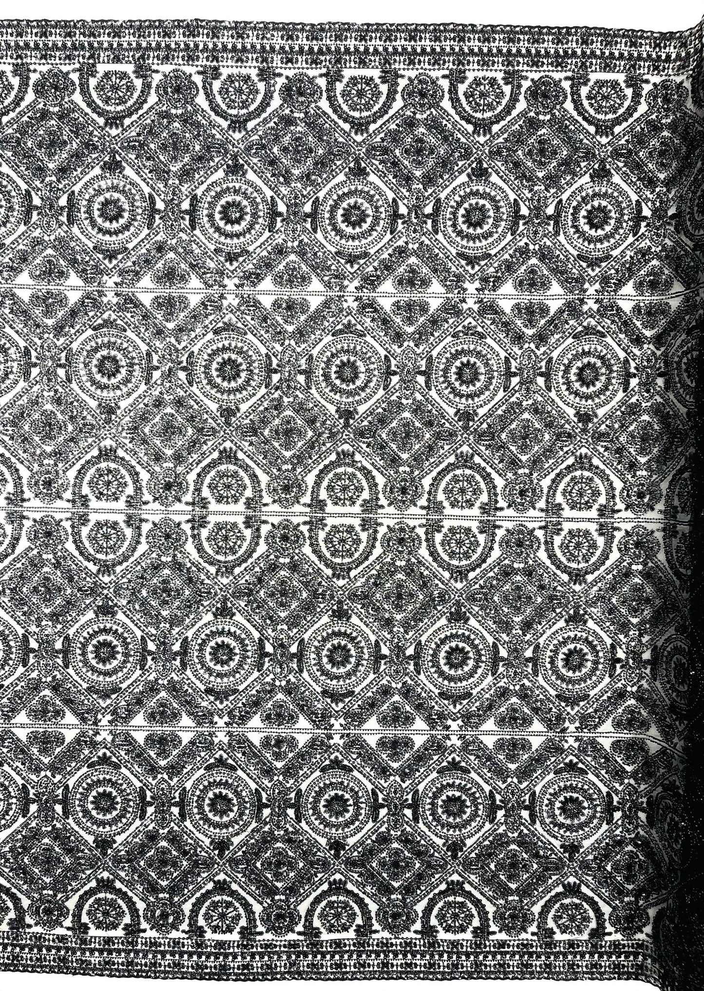 Beaded Lace Fabric, Heavy Embroidered Geometric Design on 58" Mesh