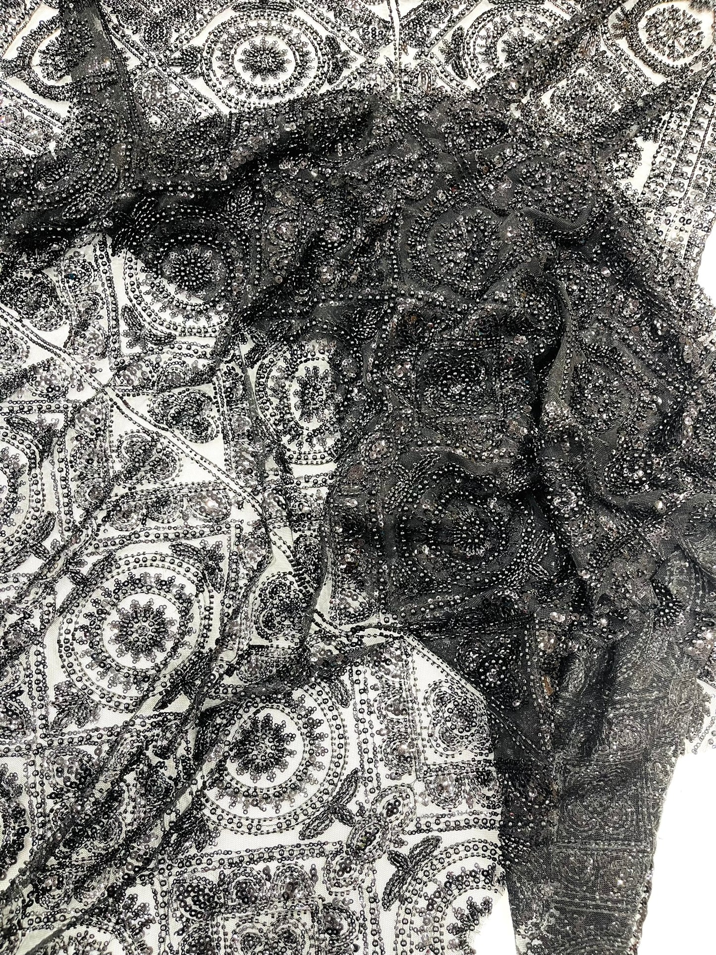 Beaded Lace Fabric, Heavy Embroidered Geometric Design on 58" Mesh