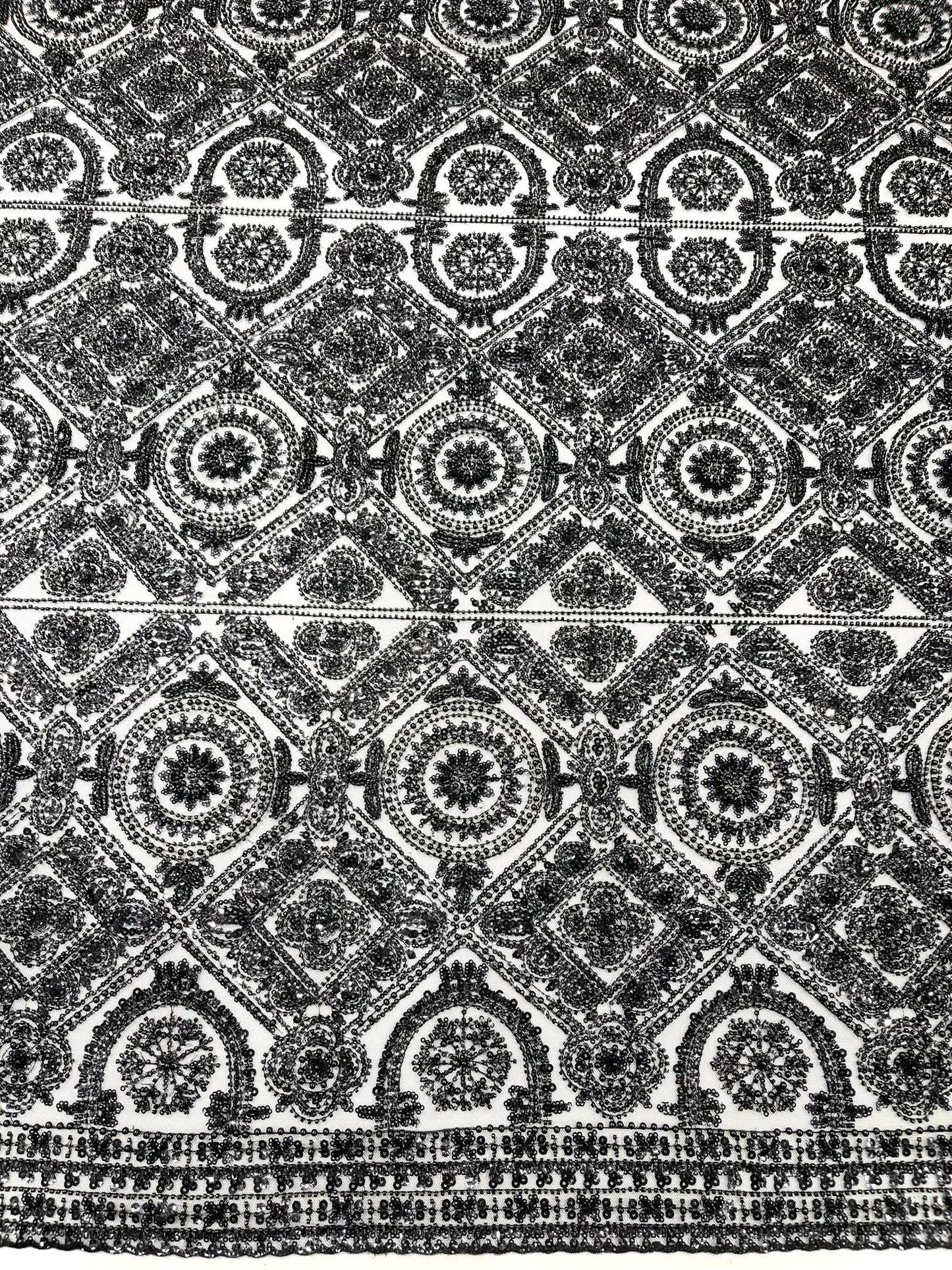 Beaded Lace Fabric, Heavy Embroidered Geometric Design on 58" Mesh
