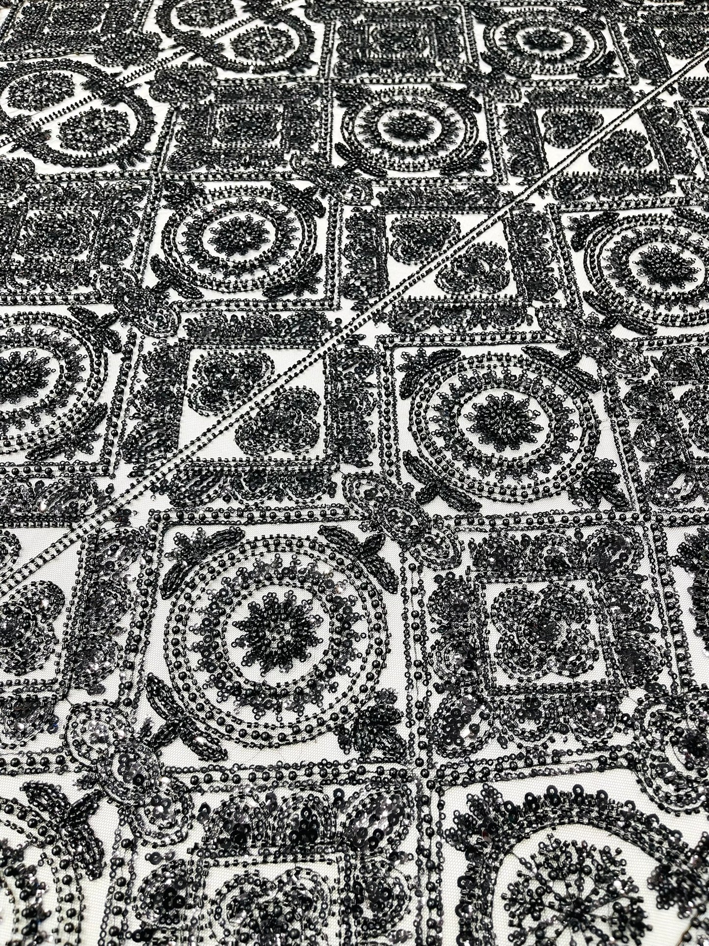 Beaded Lace Fabric, Heavy Embroidered Geometric Design on 58" Mesh