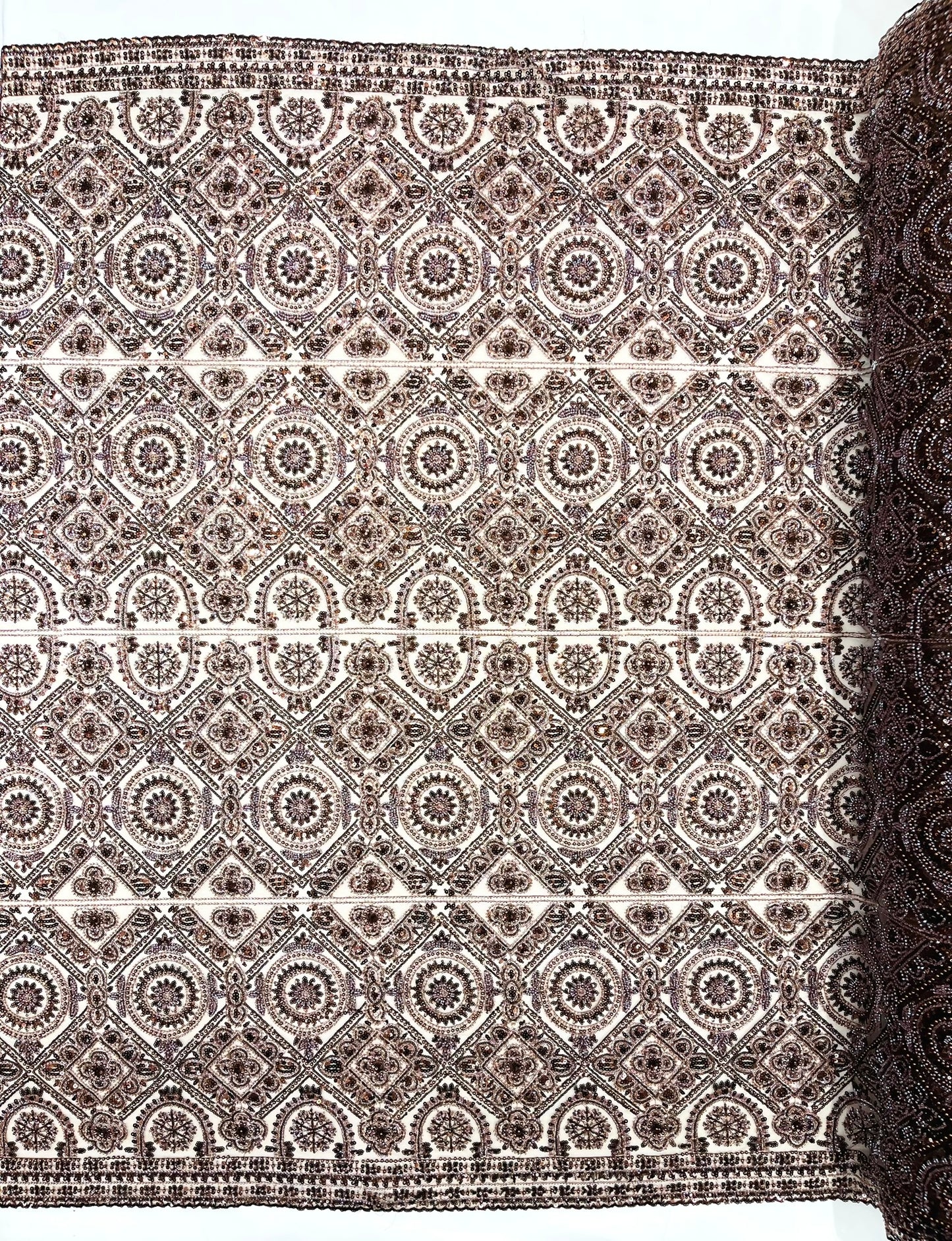 Beaded Lace Fabric, Heavy Embroidered Geometric Design on 58" Mesh