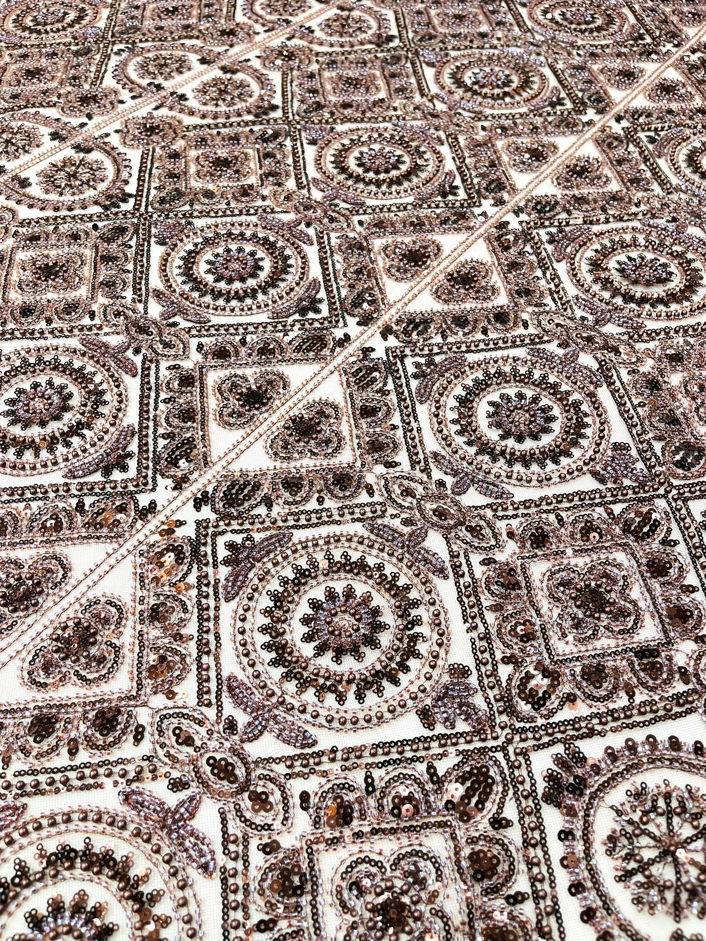Beaded Lace Fabric, Heavy Embroidered Geometric Design on 58" Mesh