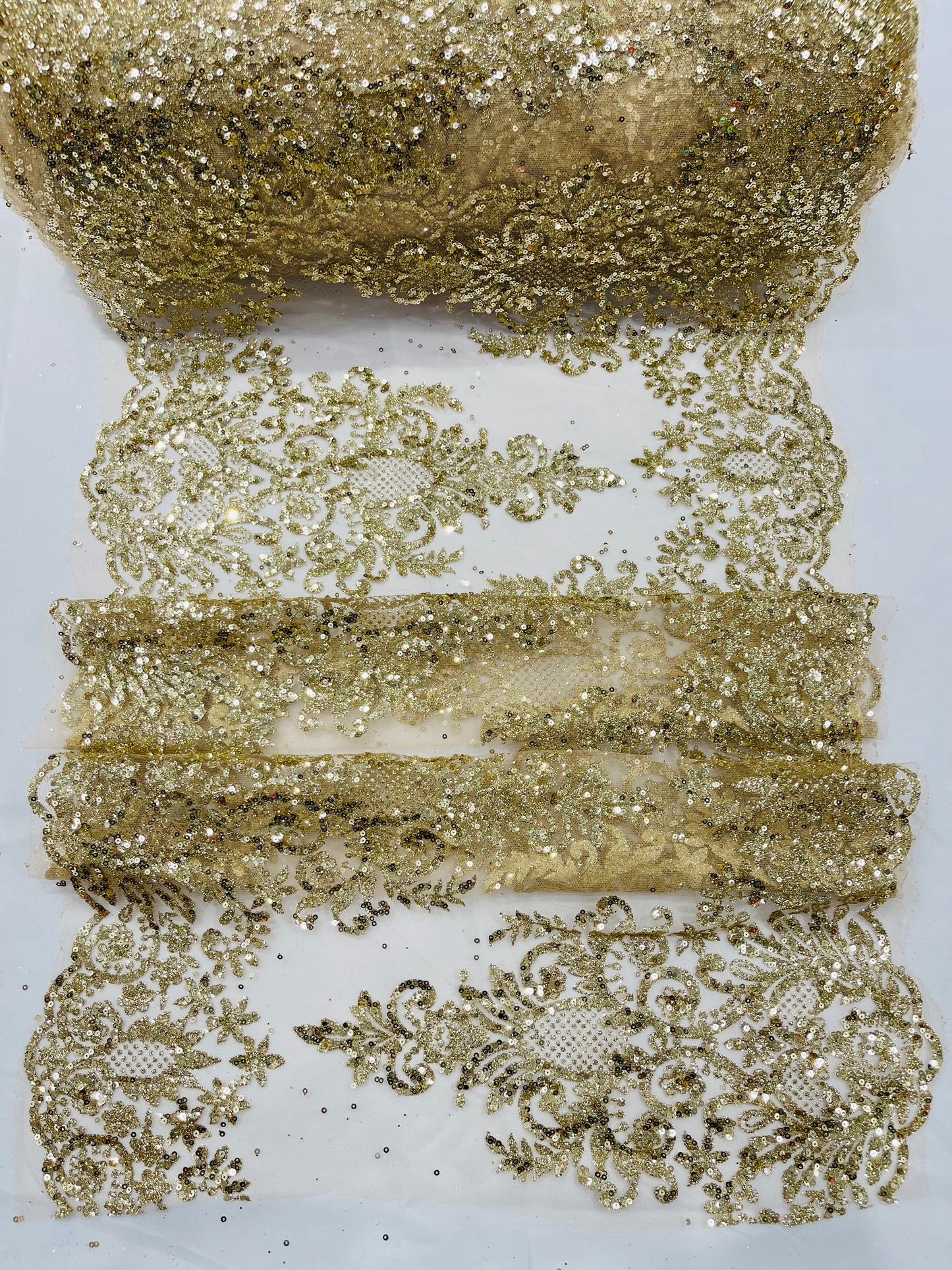 Trim Glitter Damask Design On A Mesh Lace| 20" Wide | appeal Fabric| Sold By The Yard.