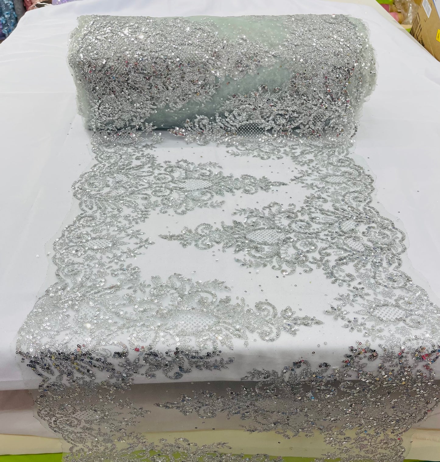 Trim Glitter Damask Design On A Mesh Lace| 20" Wide | appeal Fabric| Sold By The Yard.