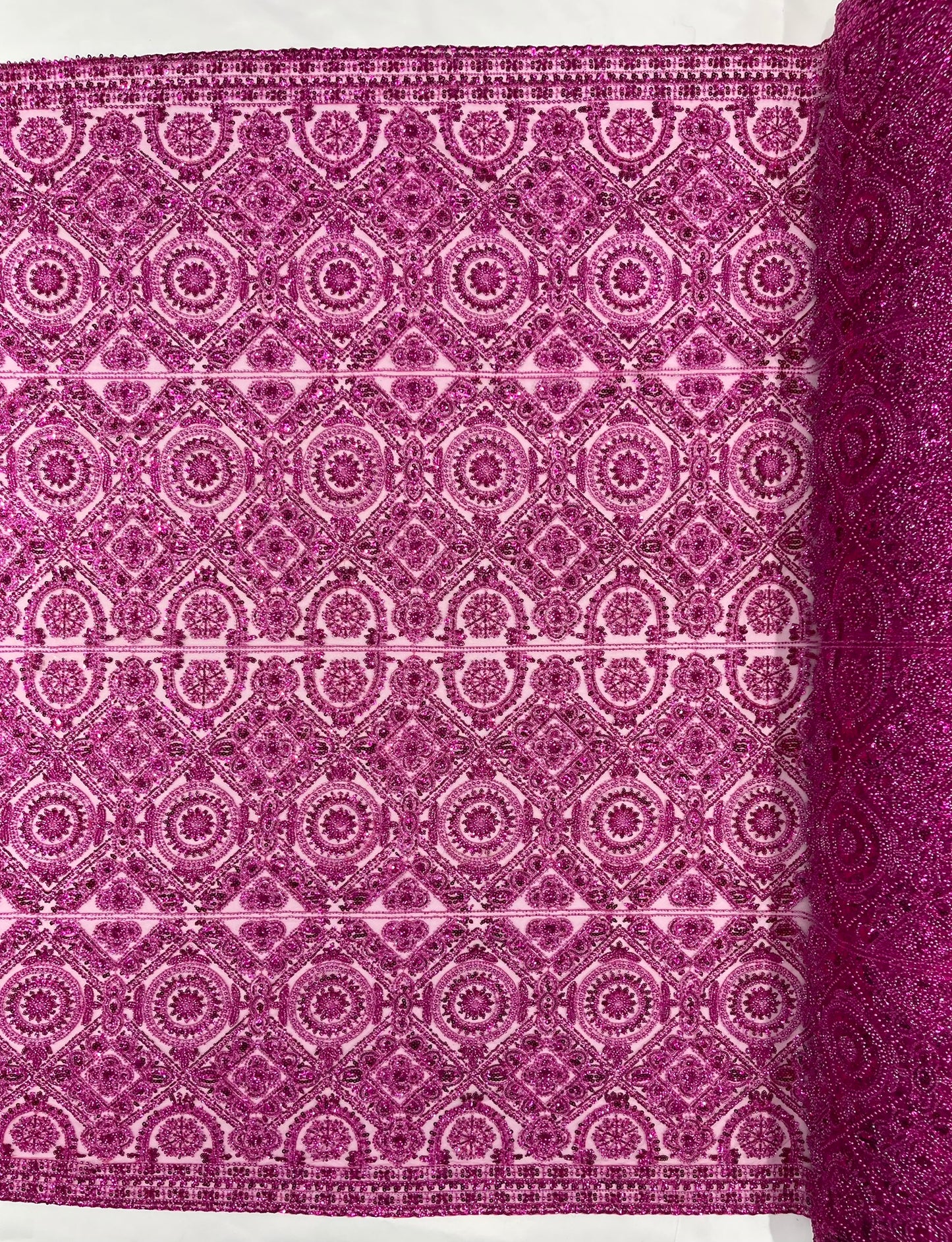 Beaded Lace Fabric, Heavy Embroidered Geometric Design on 58" Mesh