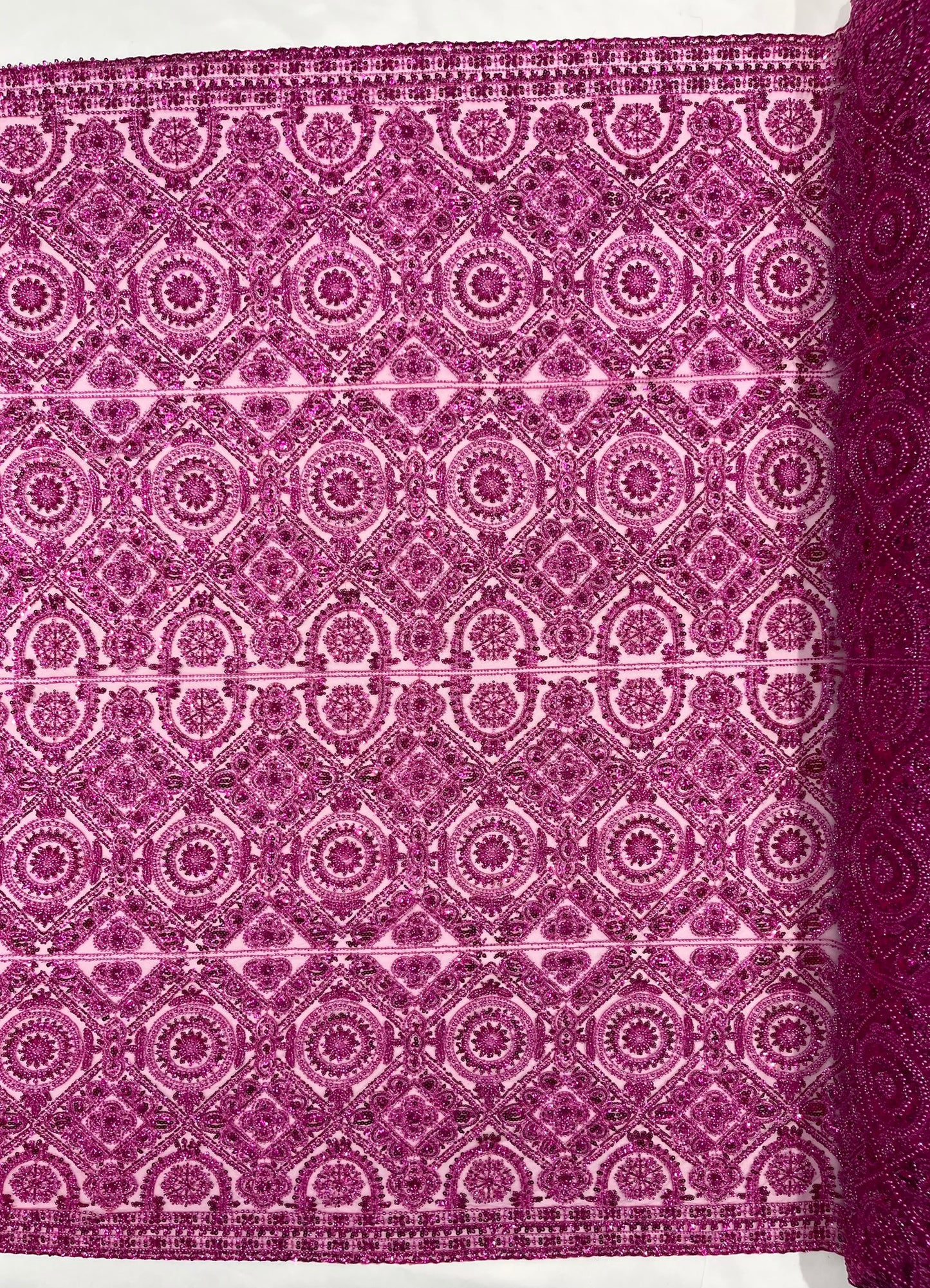 Beaded Lace Fabric, Heavy Embroidered Geometric Design on 58" Mesh