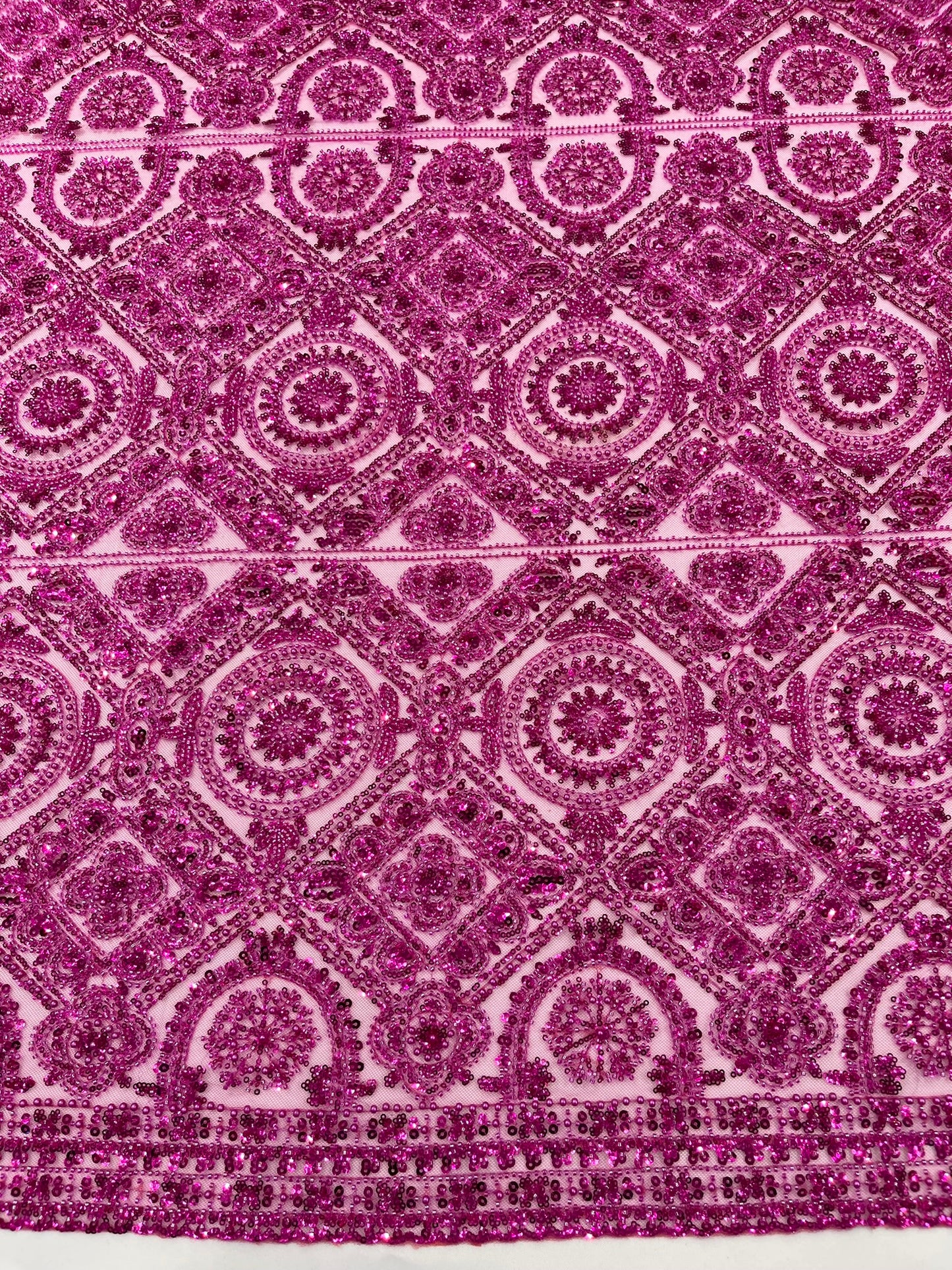 Beaded Lace Fabric, Heavy Embroidered Geometric Design on 58" Mesh