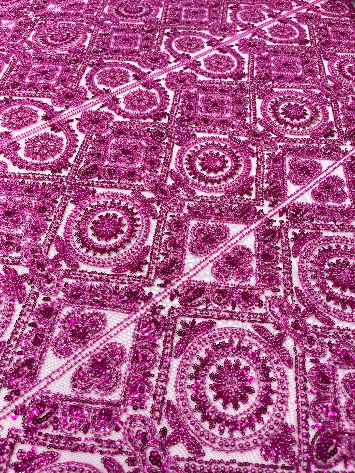 Beaded Lace Fabric, Heavy Embroidered Geometric Design on 58" Mesh