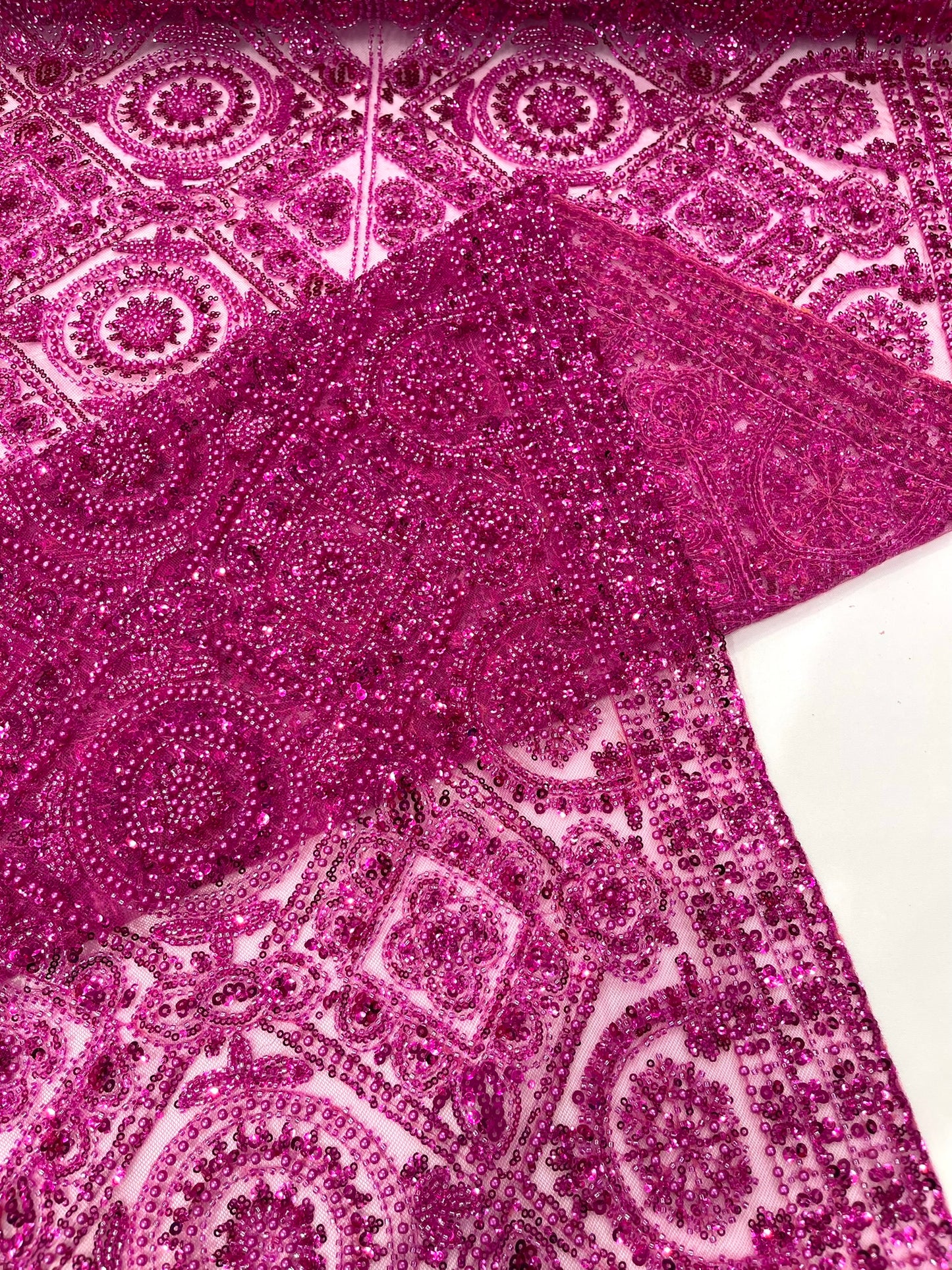 Beaded Lace Fabric, Heavy Embroidered Geometric Design on 58" Mesh