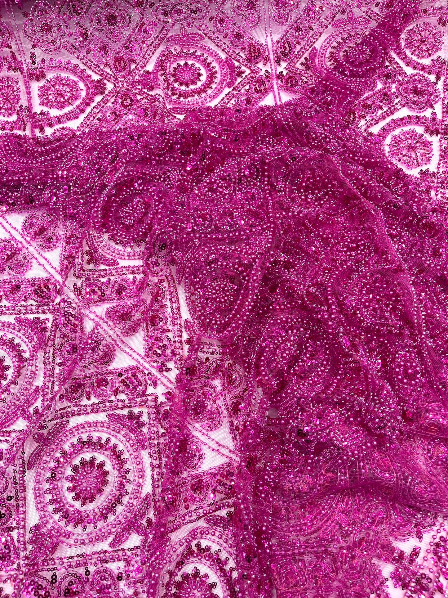Beaded Lace Fabric, Heavy Embroidered Geometric Design on 58" Mesh