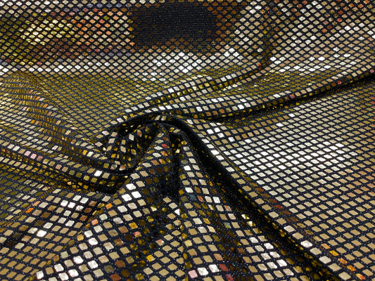 Gold Diamond Sequin On Black Metallic Lurex 58" Wide| New Creations Fabric & Foam Inc.