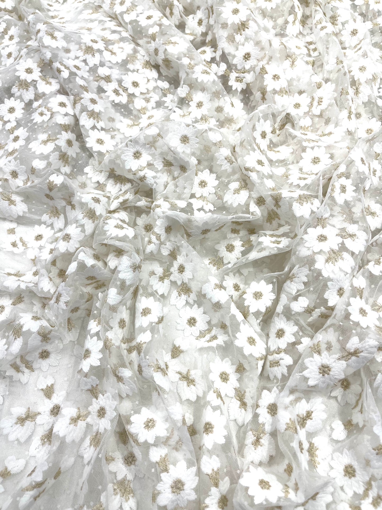 Ivory/Gold metallic French inspired embroidered lace fabric| New Creations Fabric & Foam Inc.