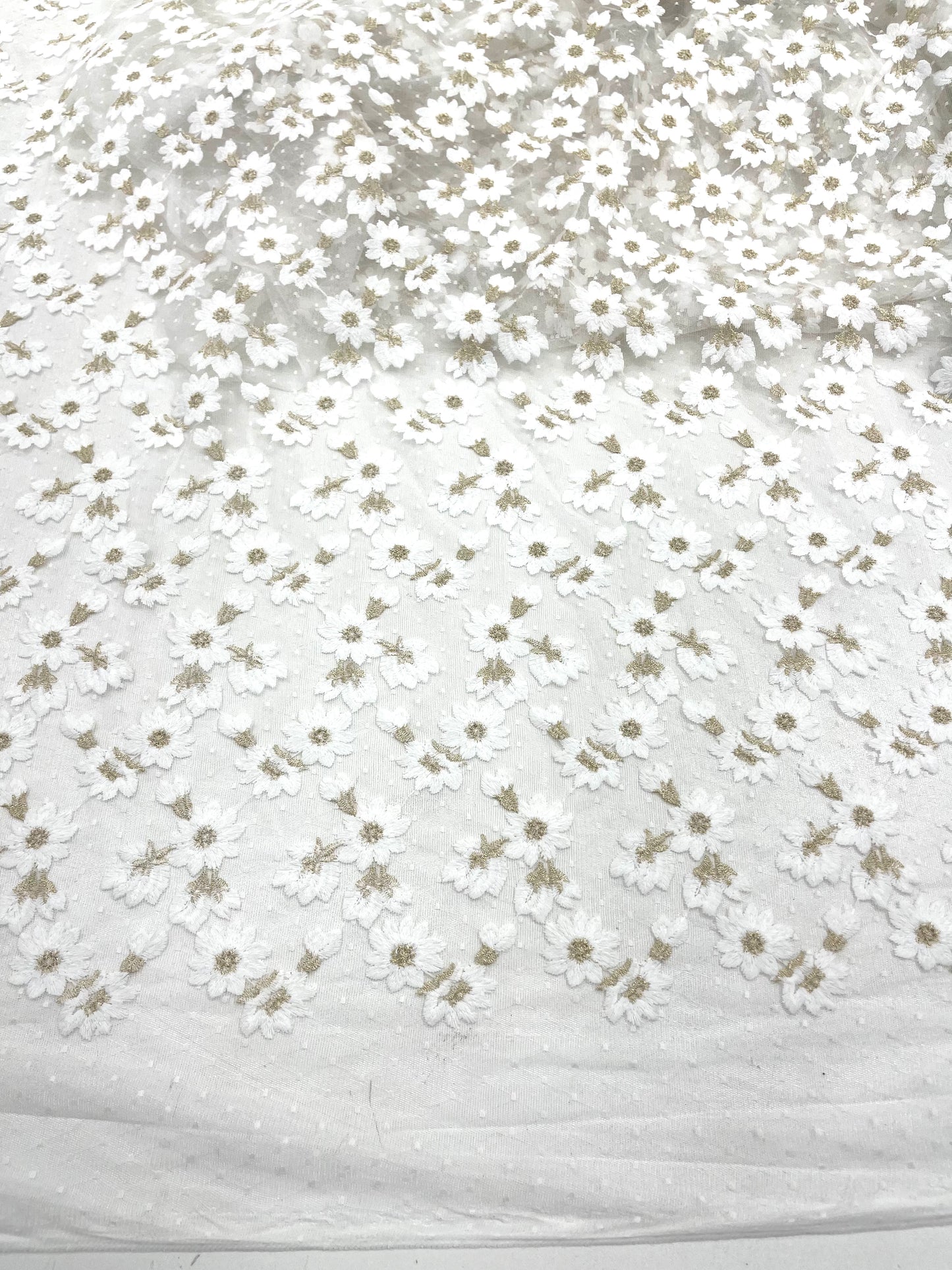 Ivory/Gold metallic French inspired embroidered lace fabric| New Creations Fabric & Foam Inc.