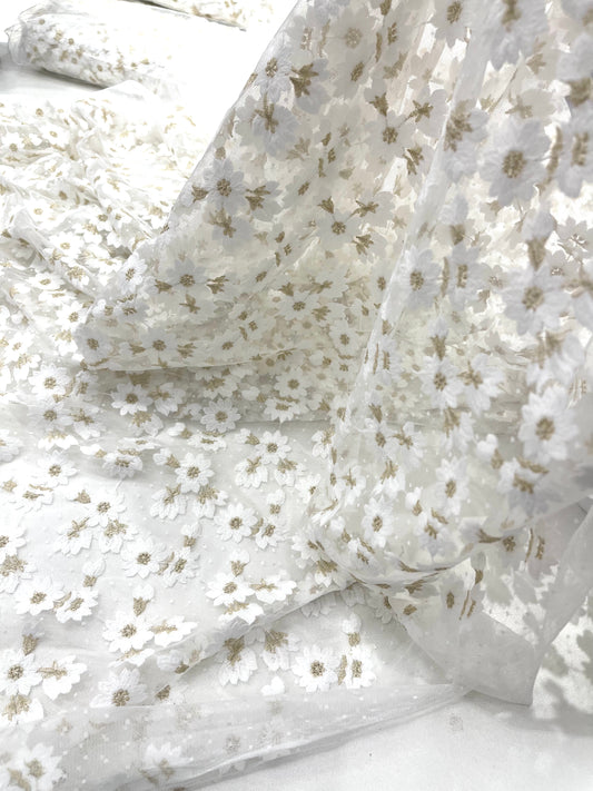 Ivory/Gold metallic French inspired embroidered lace fabric| New Creations Fabric & Foam Inc.