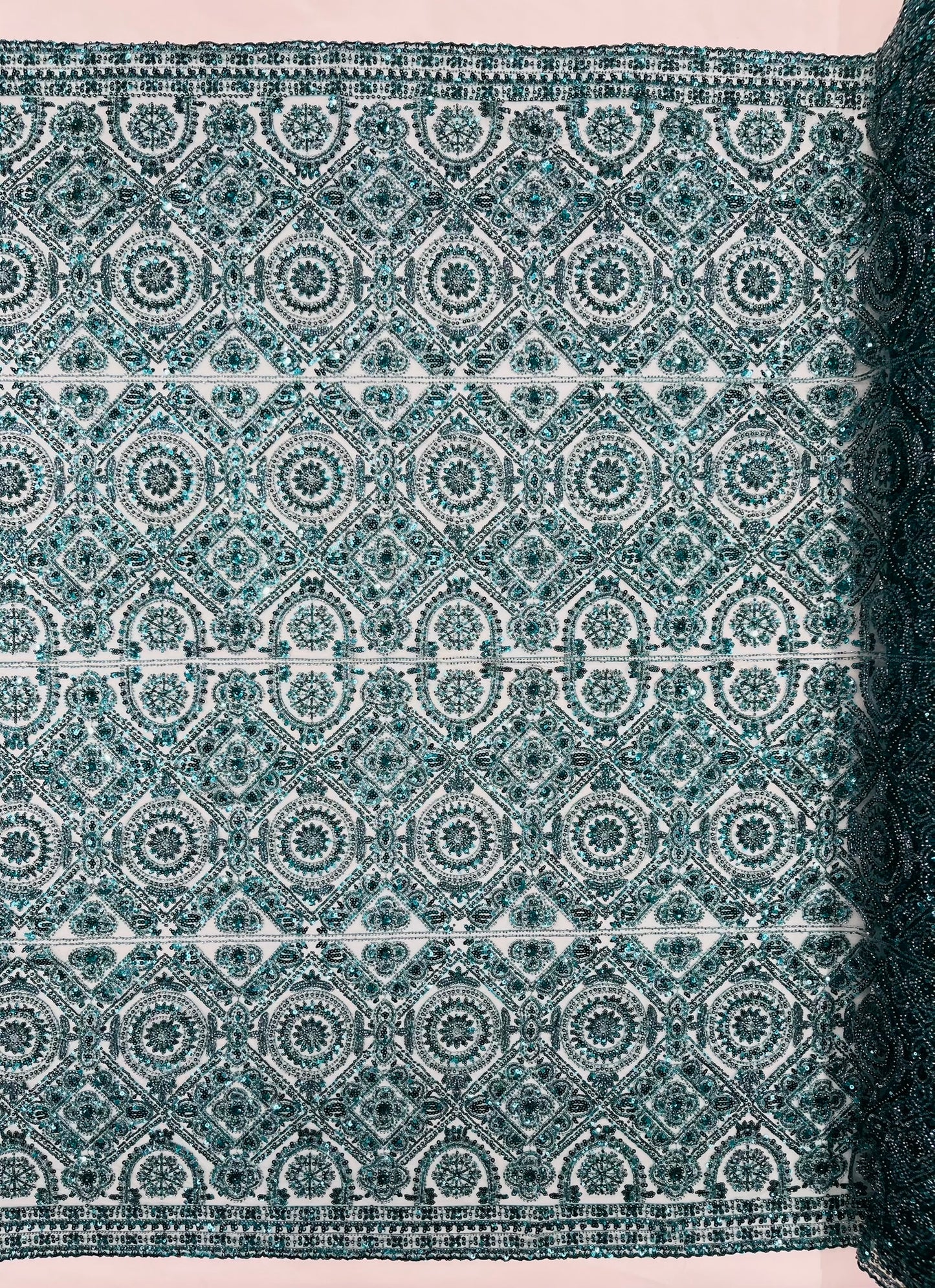 Beaded Lace Fabric, Heavy Embroidered Geometric Design on 58" Mesh