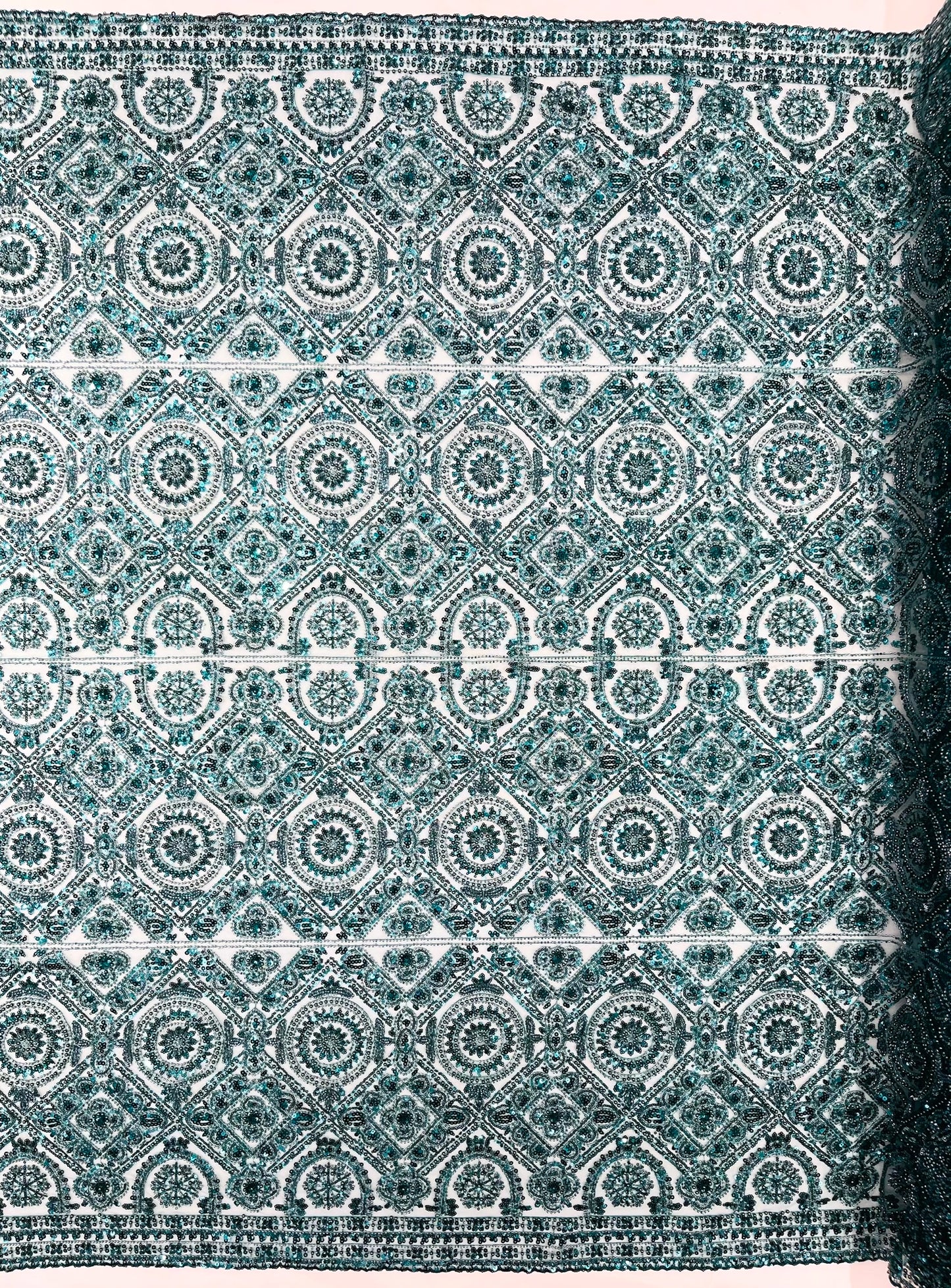 Beaded Lace Fabric, Heavy Embroidered Geometric Design on 58" Mesh