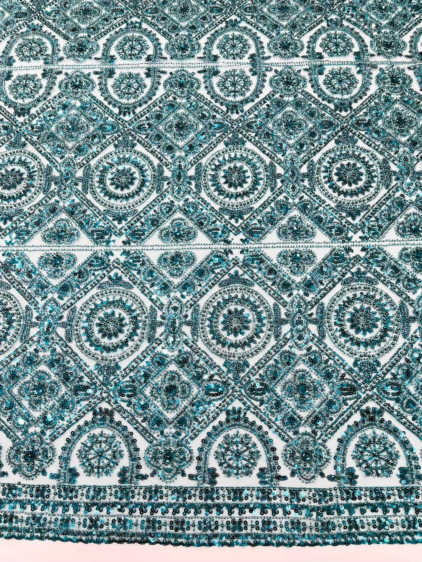 Beaded Lace Fabric, Heavy Embroidered Geometric Design on 58" Mesh