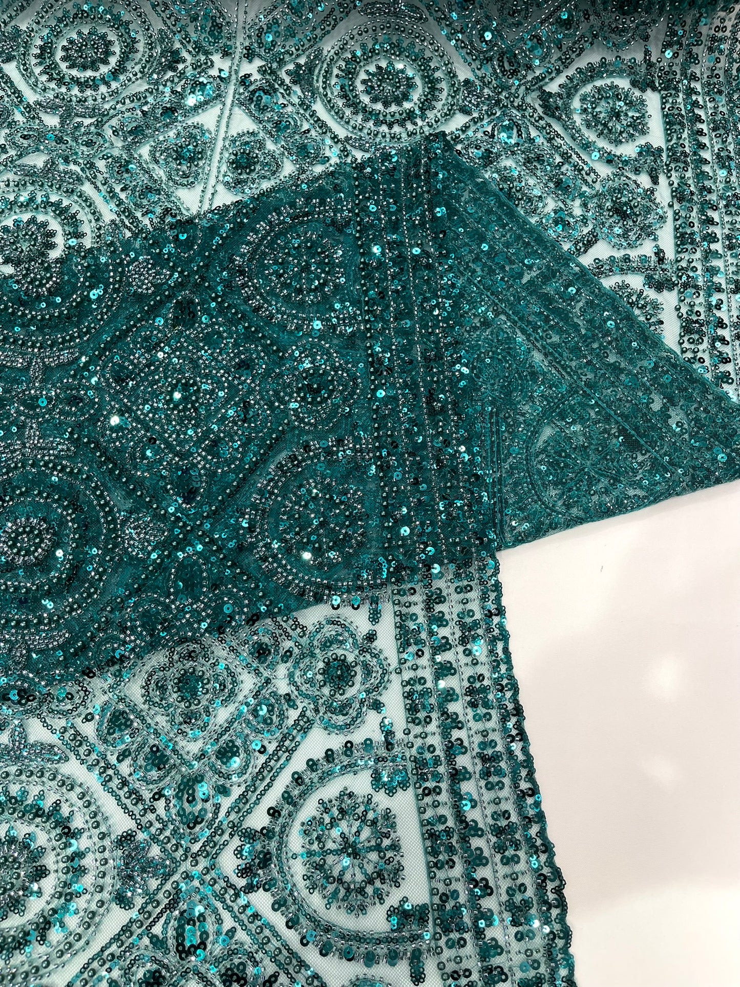Beaded Lace Fabric, Heavy Embroidered Geometric Design on 58" Mesh