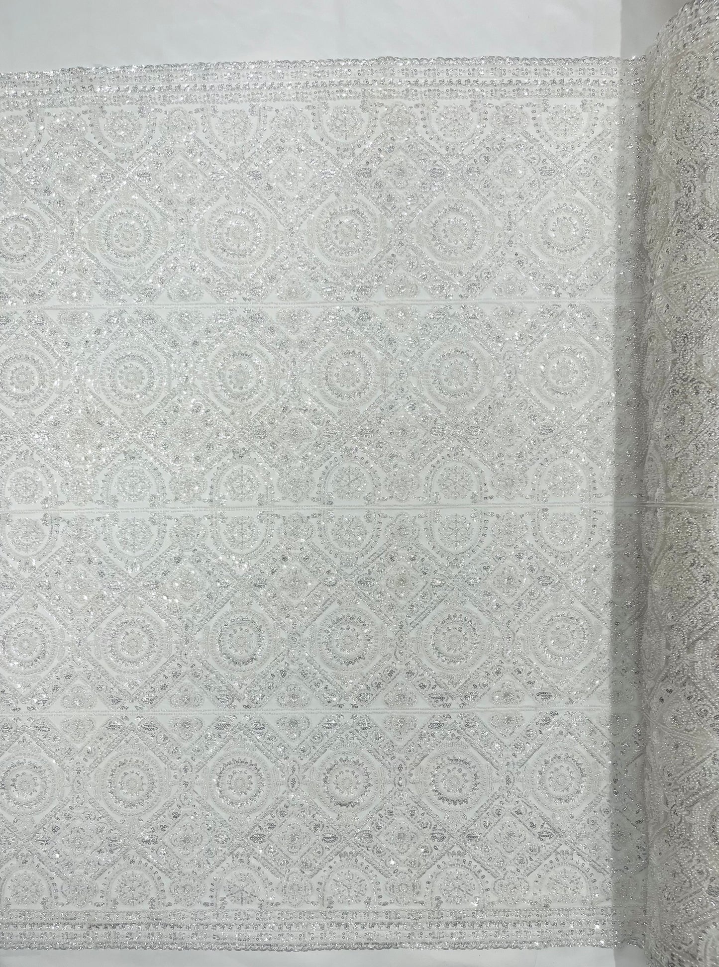 Beaded Lace Fabric, Heavy Embroidered Geometric Design on 58" Mesh