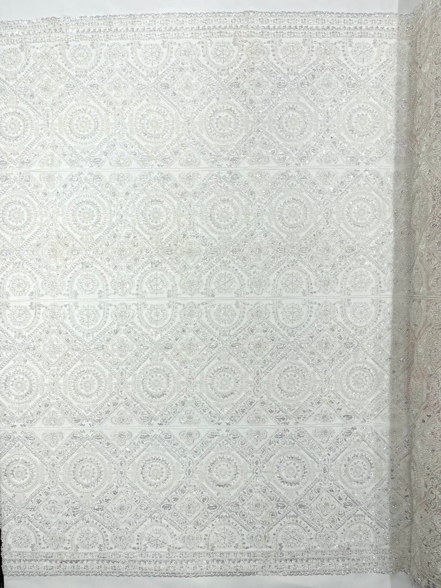 Beaded Lace Fabric, Heavy Embroidered Geometric Design on 58" Mesh