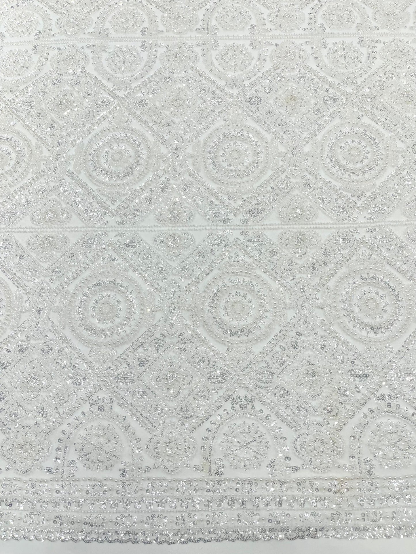 Beaded Lace Fabric, Heavy Embroidered Geometric Design on 58" Mesh