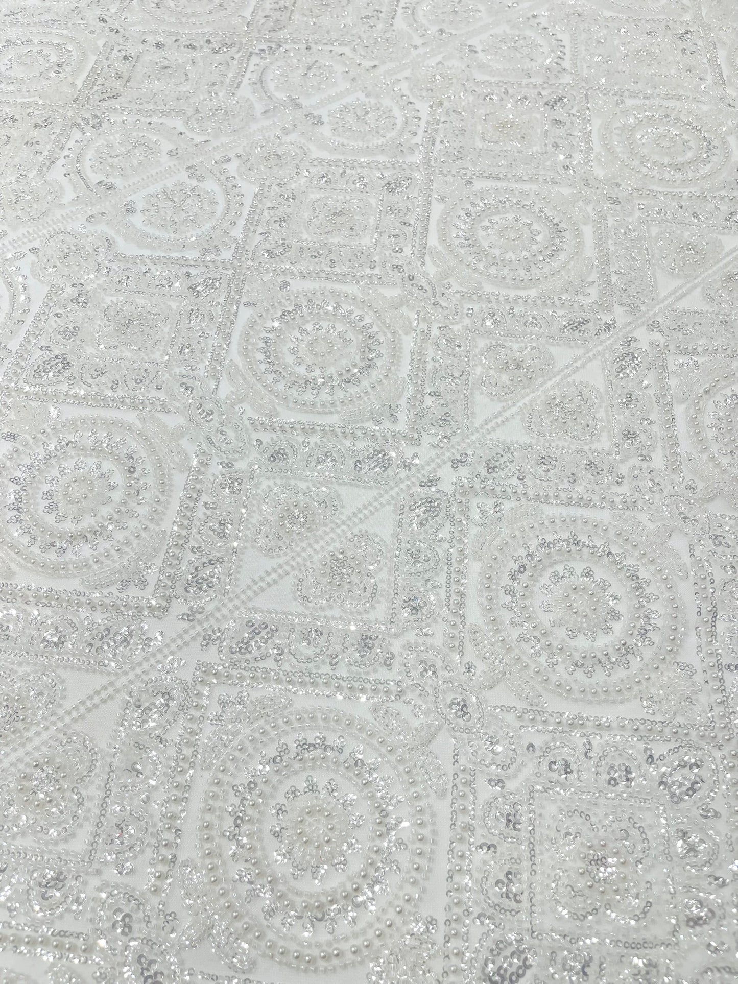 Beaded Lace Fabric, Heavy Embroidered Geometric Design on 58" Mesh