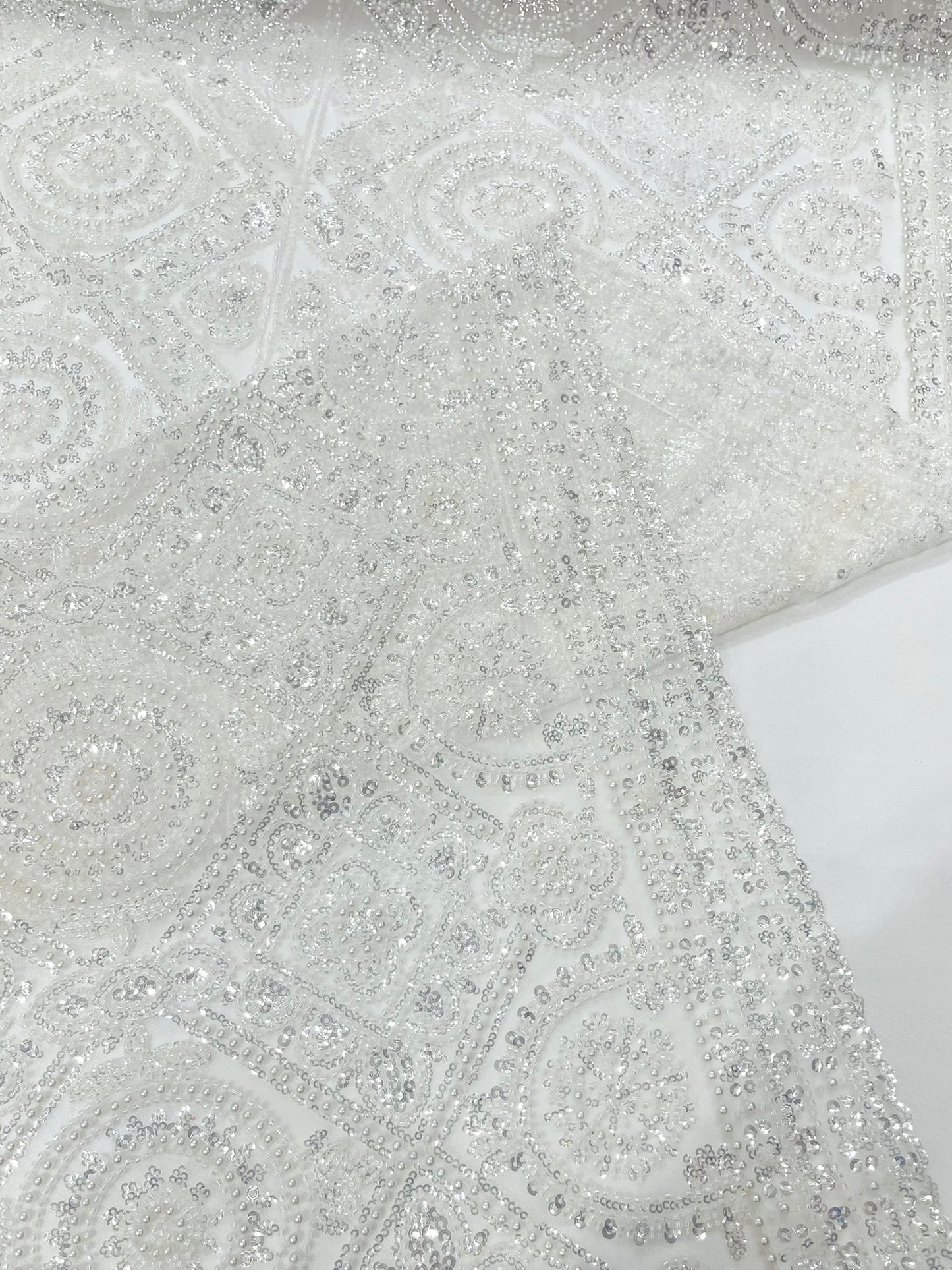 Beaded Lace Fabric, Heavy Embroidered Geometric Design on 58" Mesh