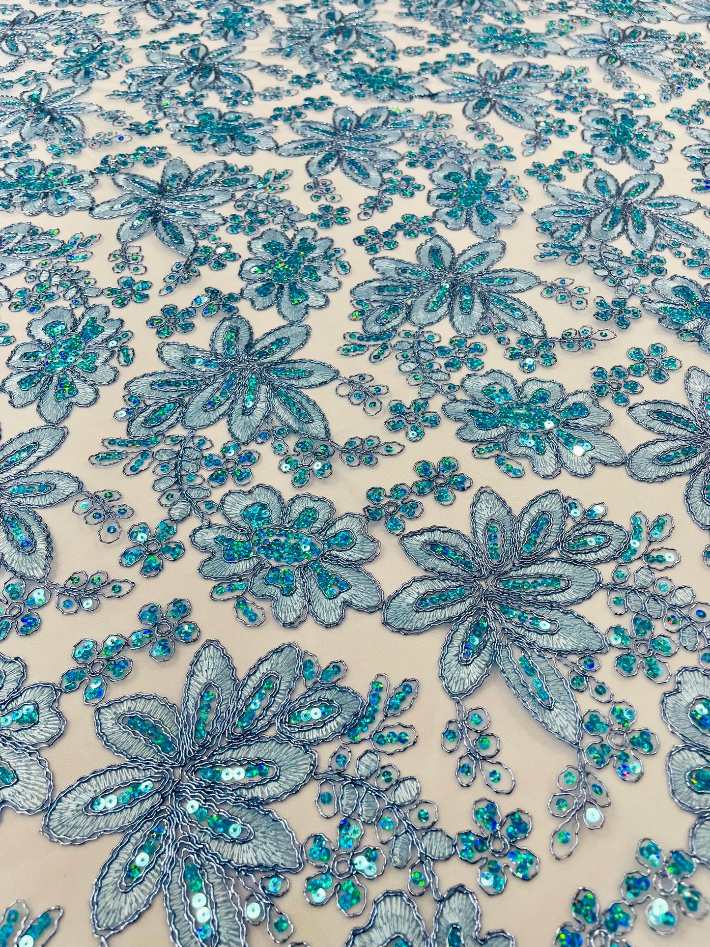 Metallic floral lace design embroidered 54" Wide | New Creations Fabric & Foam Inc.