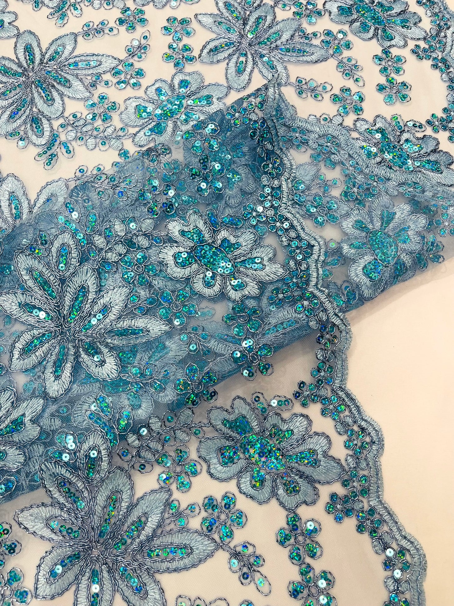 Metallic floral lace design embroidered 54" Wide | New Creations Fabric & Foam Inc.