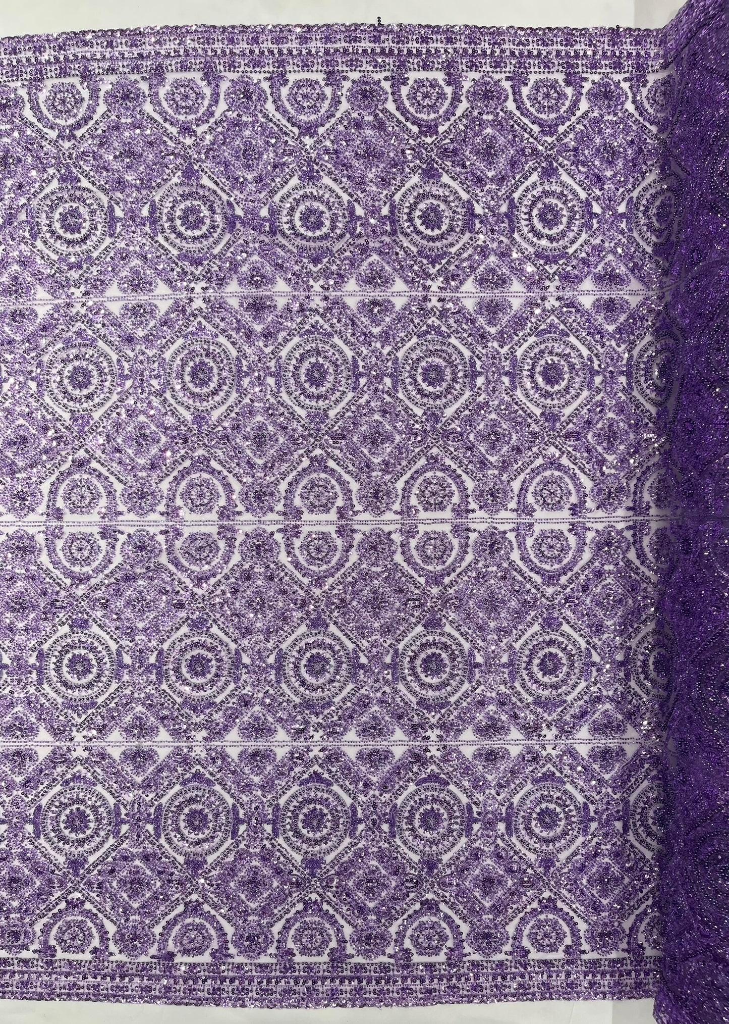 Beaded Lace Fabric, Heavy Embroidered Geometric Design on 58" Mesh