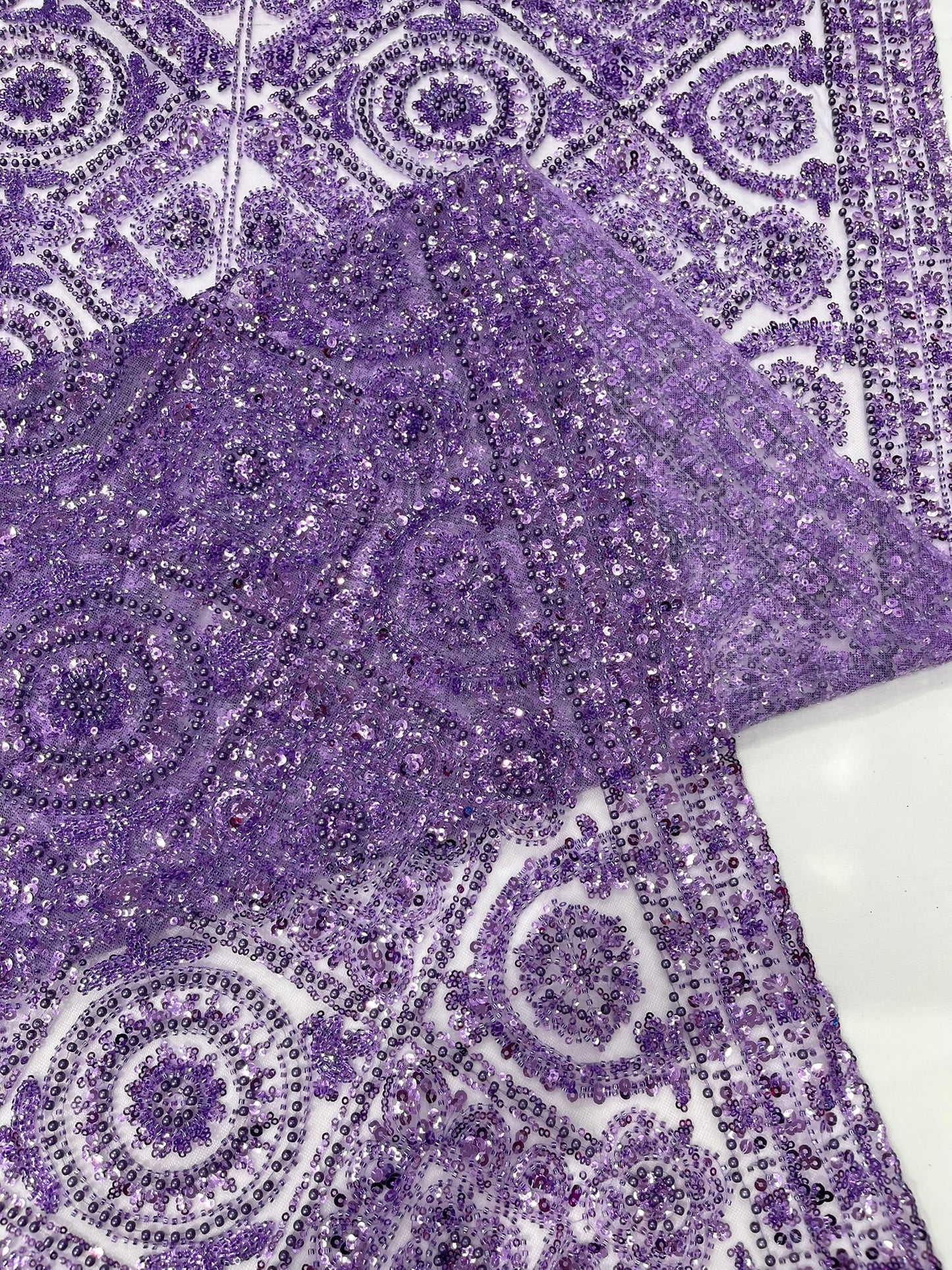 Beaded Lace Fabric, Heavy Embroidered Geometric Design on 58" Mesh