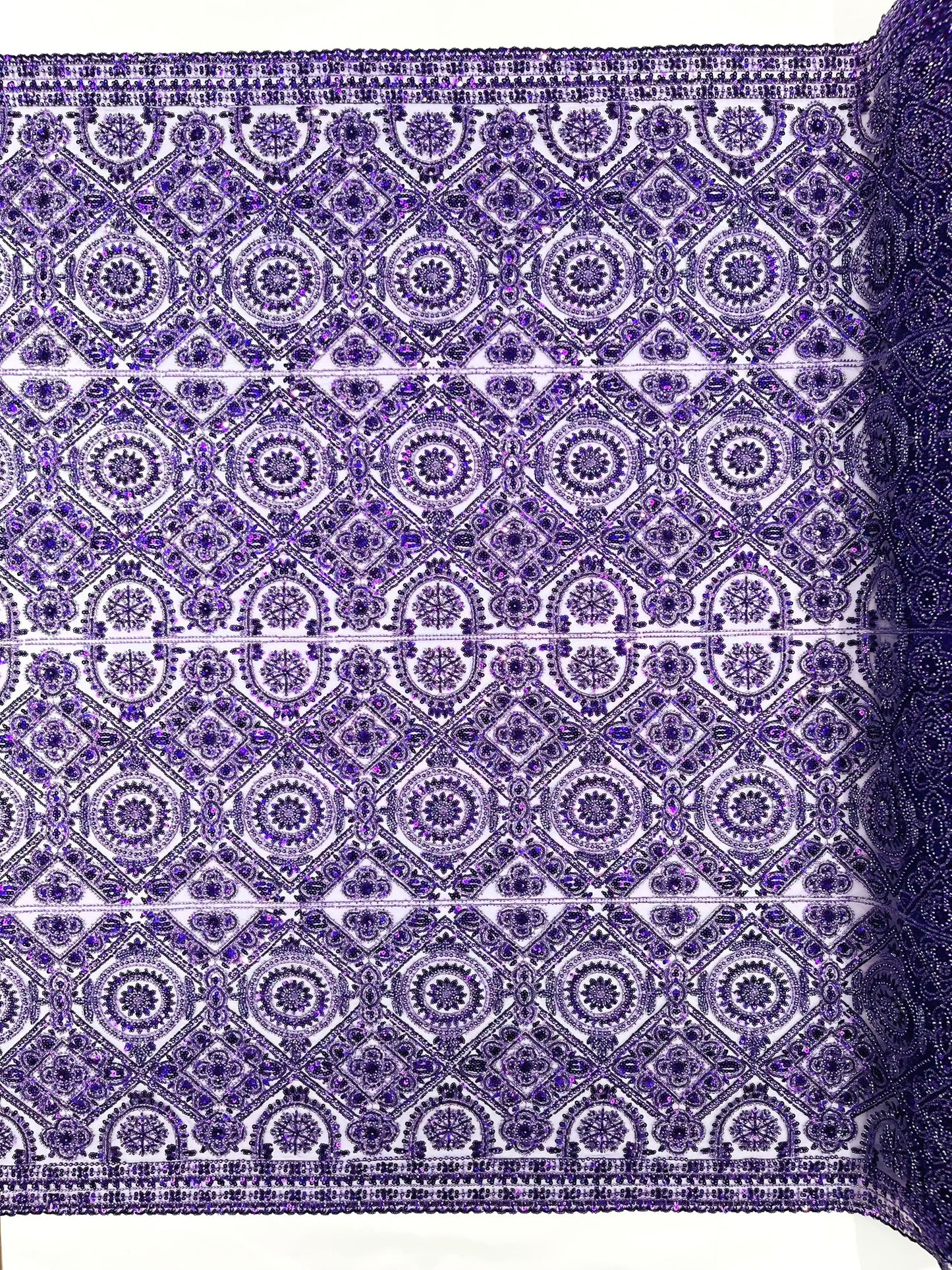 Beaded Lace Fabric, Heavy Embroidered Geometric Design on 58" Mesh