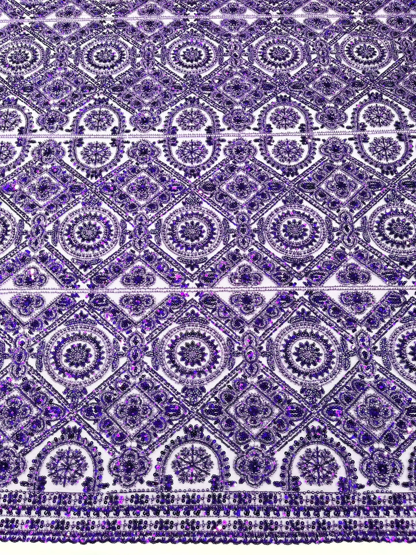 Beaded Lace Fabric, Heavy Embroidered Geometric Design on 58" Mesh